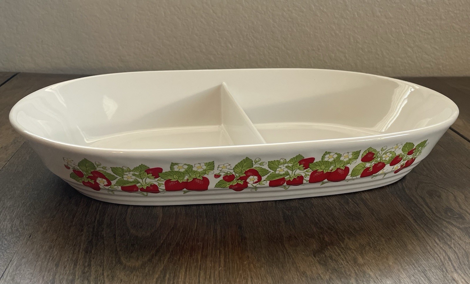 Vintage Action 80’s Strawberry Stoneware Oval Divided Serving Baking Dish 13”