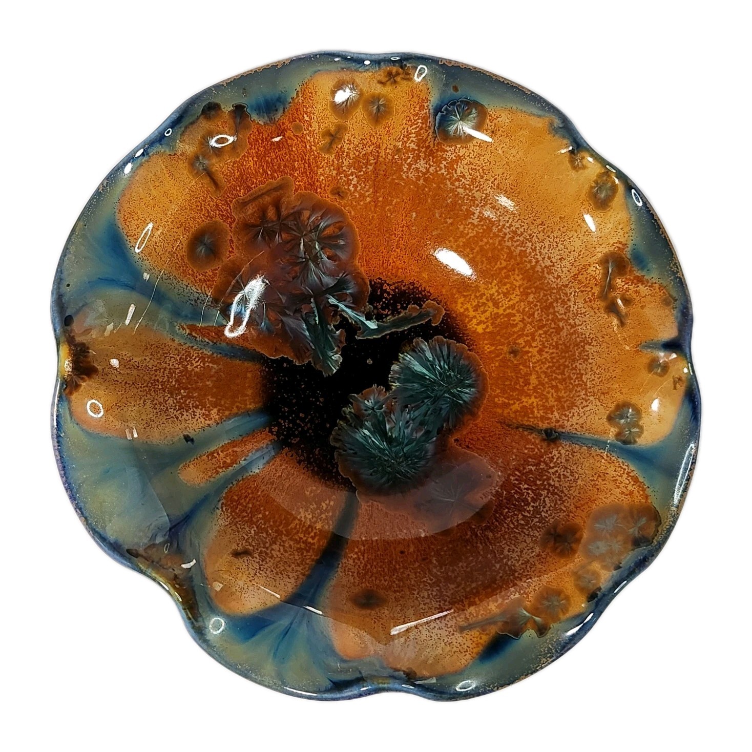 Vintage Studio Pottery Deep Amber & Teal Crystalline Glaze Ceramic Platter