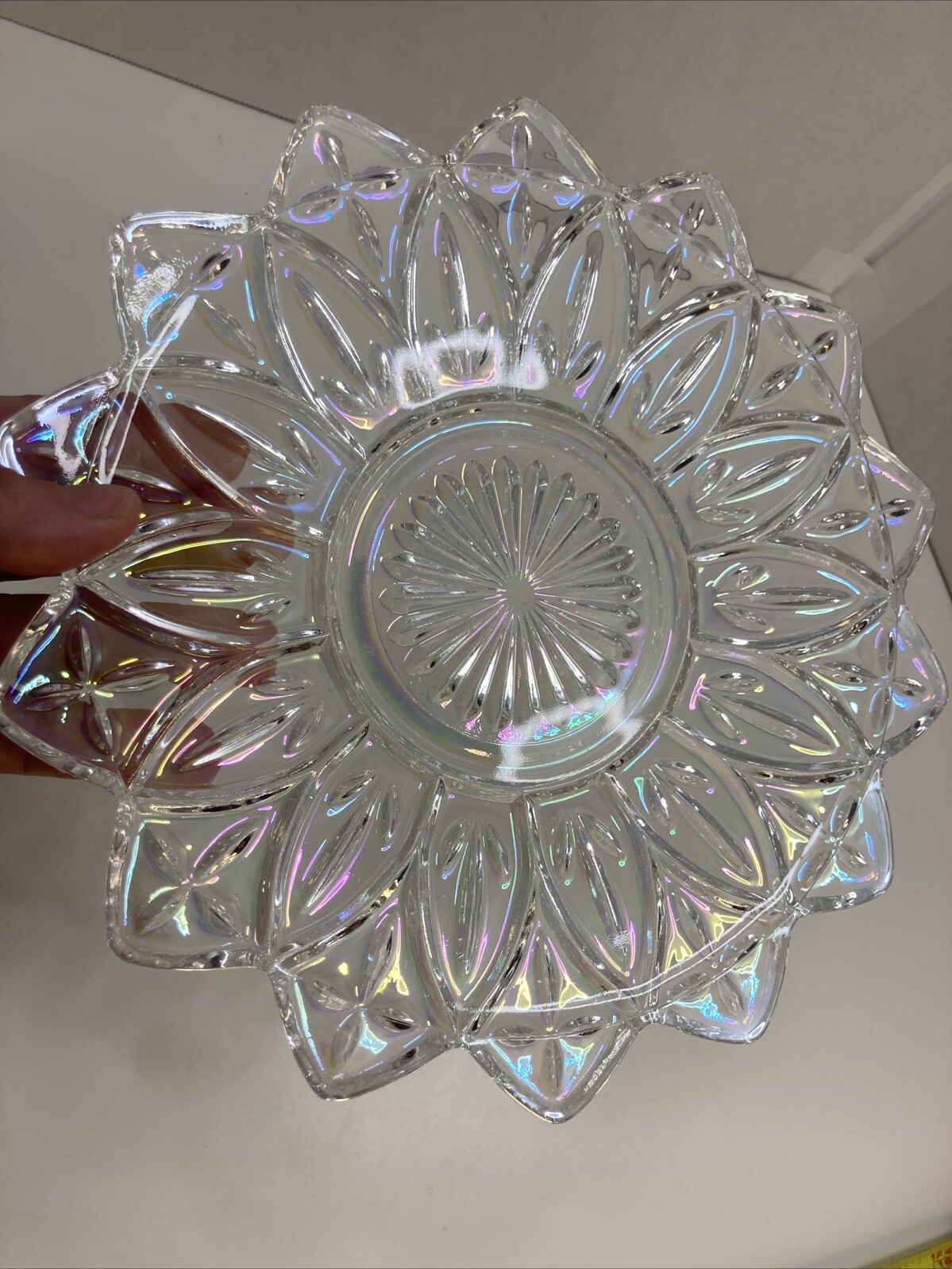 Vtg 1960s Star Flower Petal Federal Clear Iridescent Carnival Glass Plate 9.25″