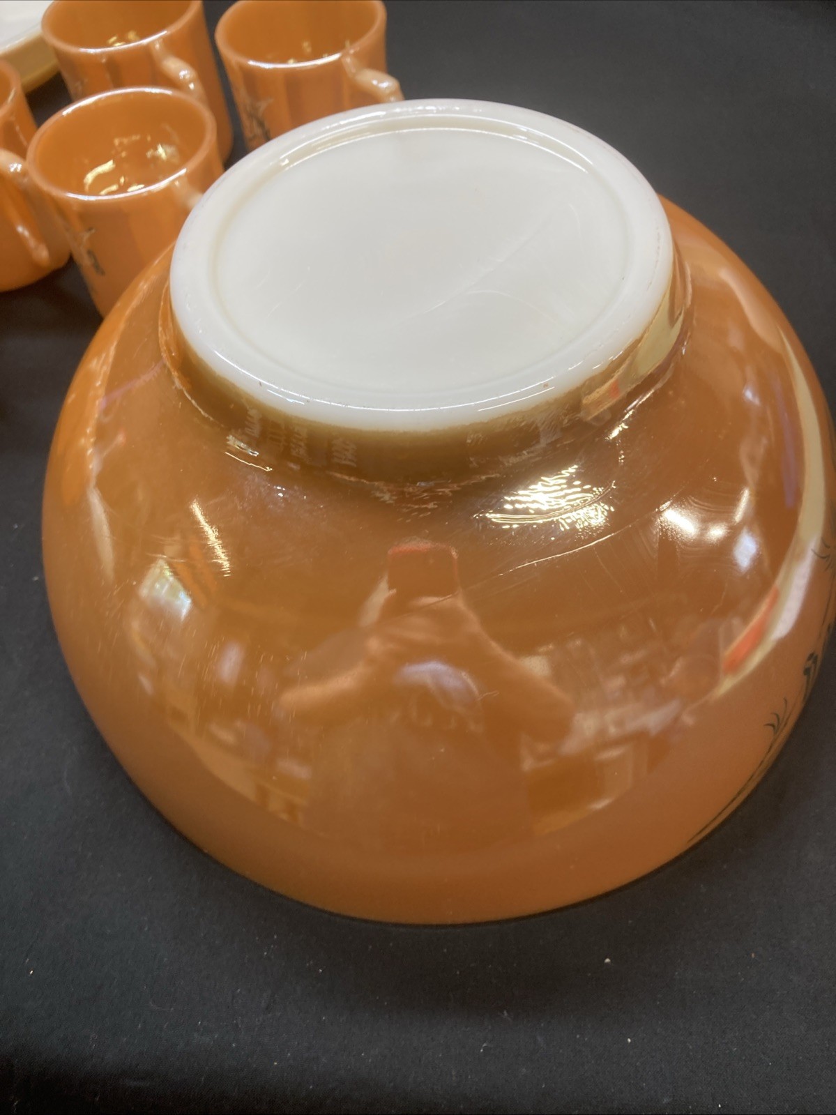eggnog punch bowl set vintage Tom & Jerry Peach Luster Fire King W/stand 12 Cups