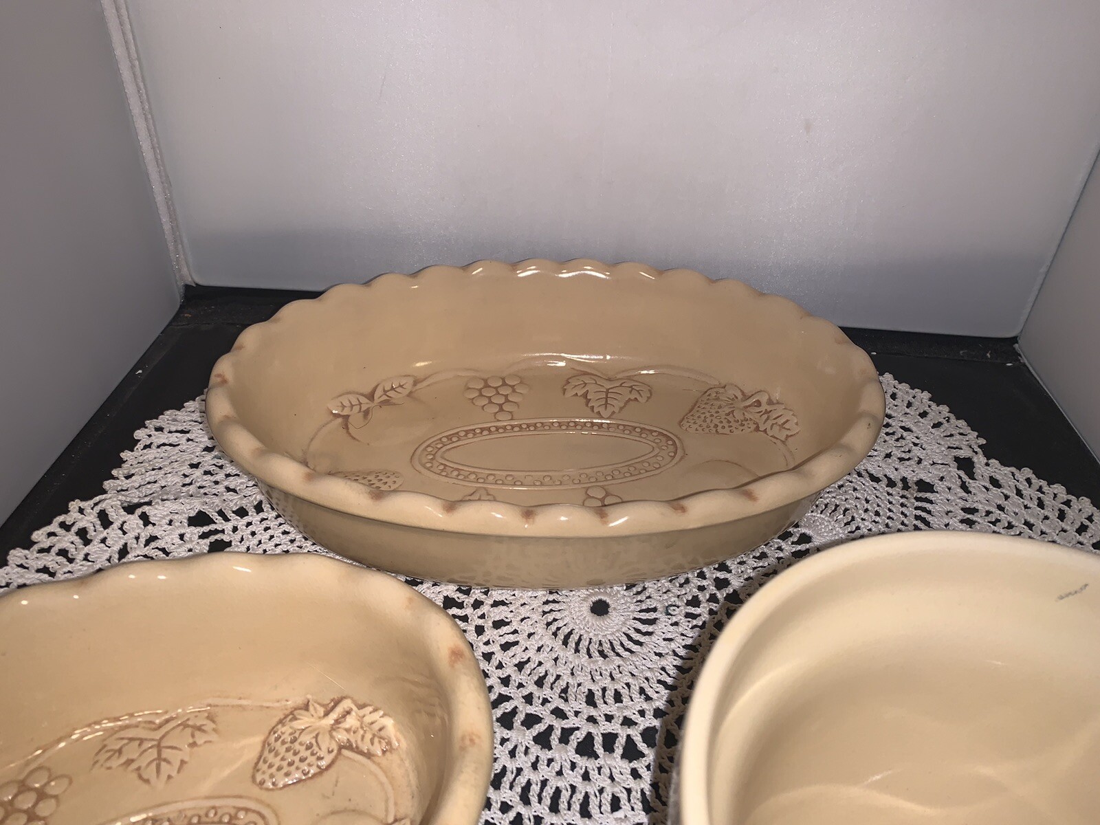 Vintage Leaf And Fruit Stoneware Casserole Bowls And Serving Bowl
