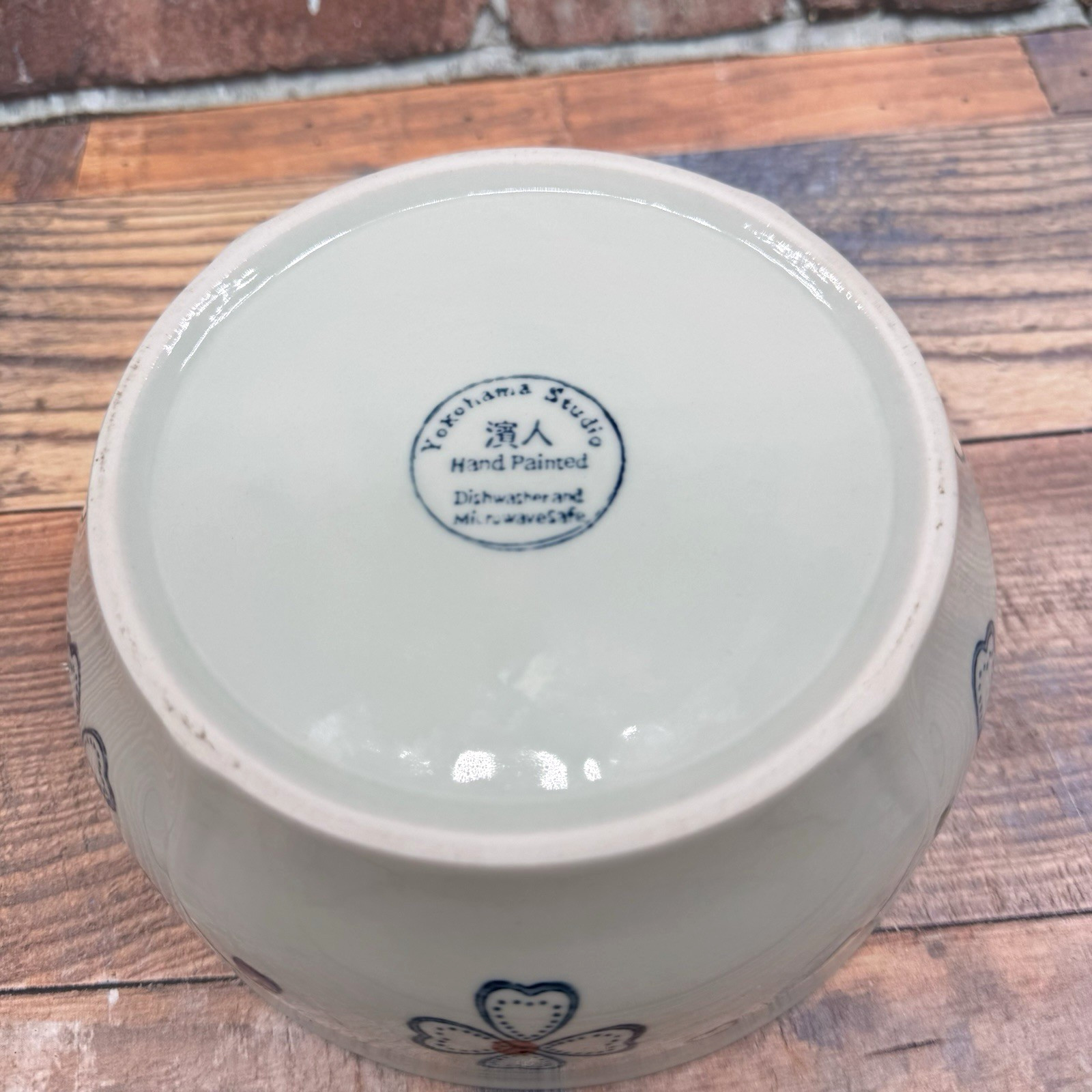 Yokohama Studio Vintage Ceramic Bowl Floral Hand Painted Blue White 7 in 1990s