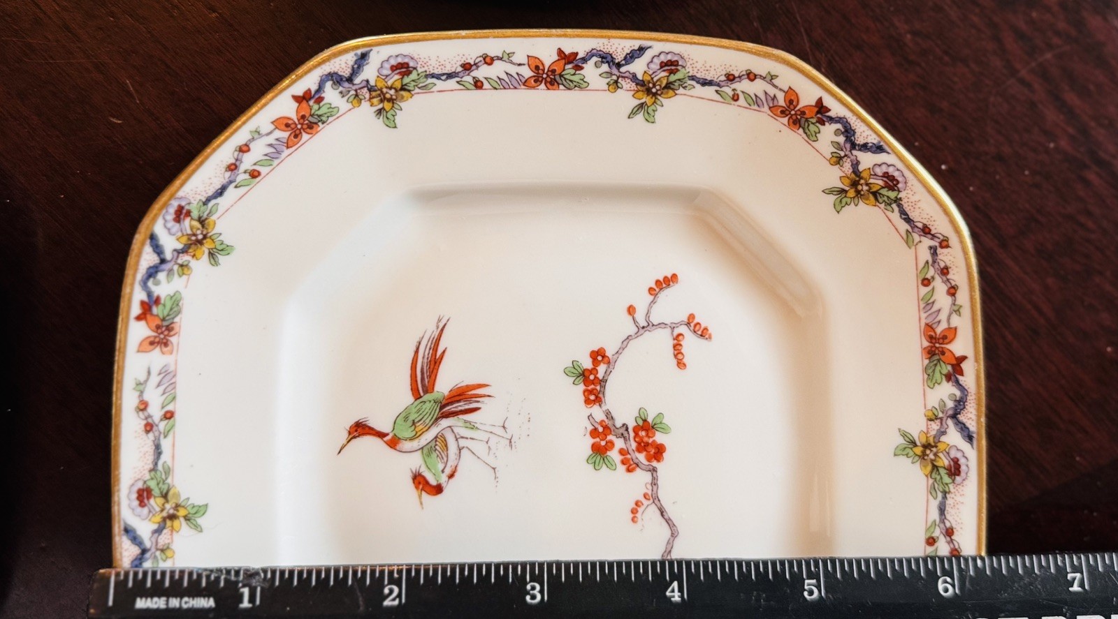 Antique Bernardaud Limoges BIRD of PARADISE Octagonal dessert Gold Gilt FR 6 pcs