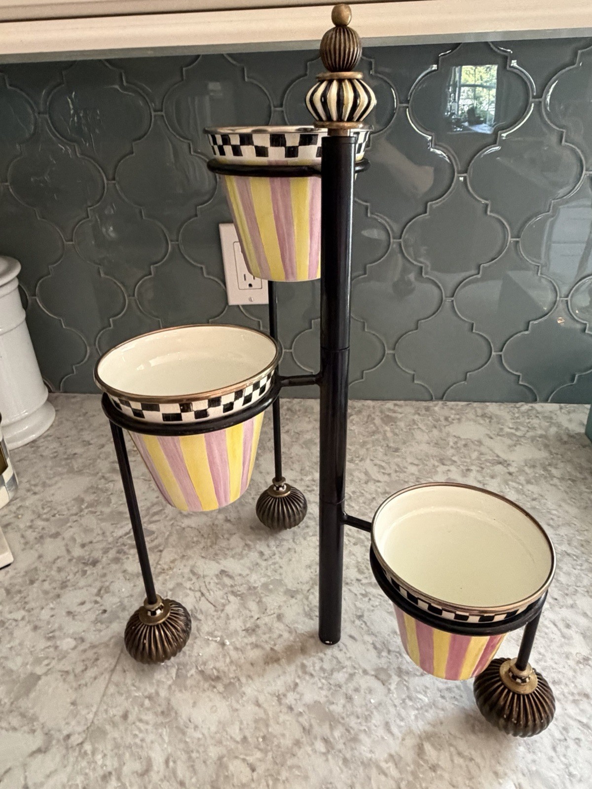 Mackenzie Childs 3 Tier Metal Serving/Plant Stand Courtly Check New In Box Rare