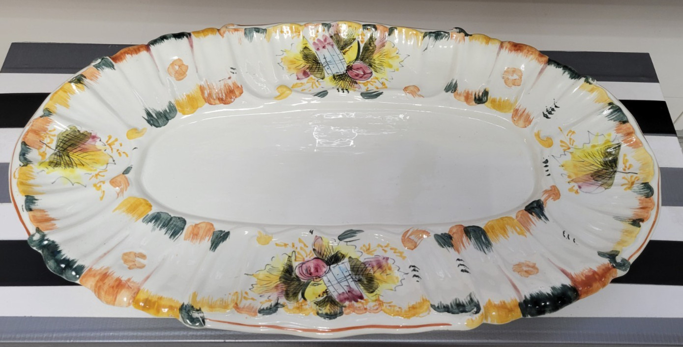 25 INCH BEIGE HANDPAINTED CERAMIC OVERSIZED OVAL SERVING PLATTER 7 POUNDS