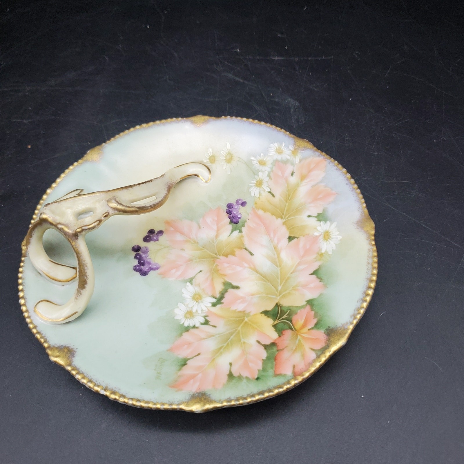 RS Prussia Style Handled Bon Bon Dish Floral Moriage Gold Gilt Handle
