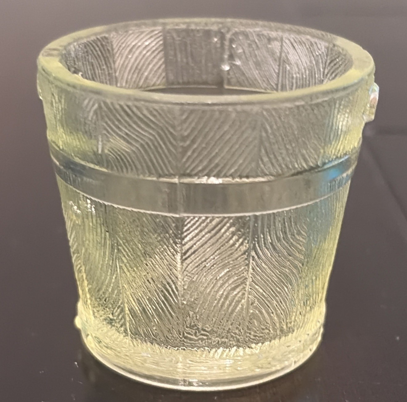 Bryce Bros Old Oaken Bucket Toothpick Holder 2″ Vaseline Uranium UV Glow EAPG