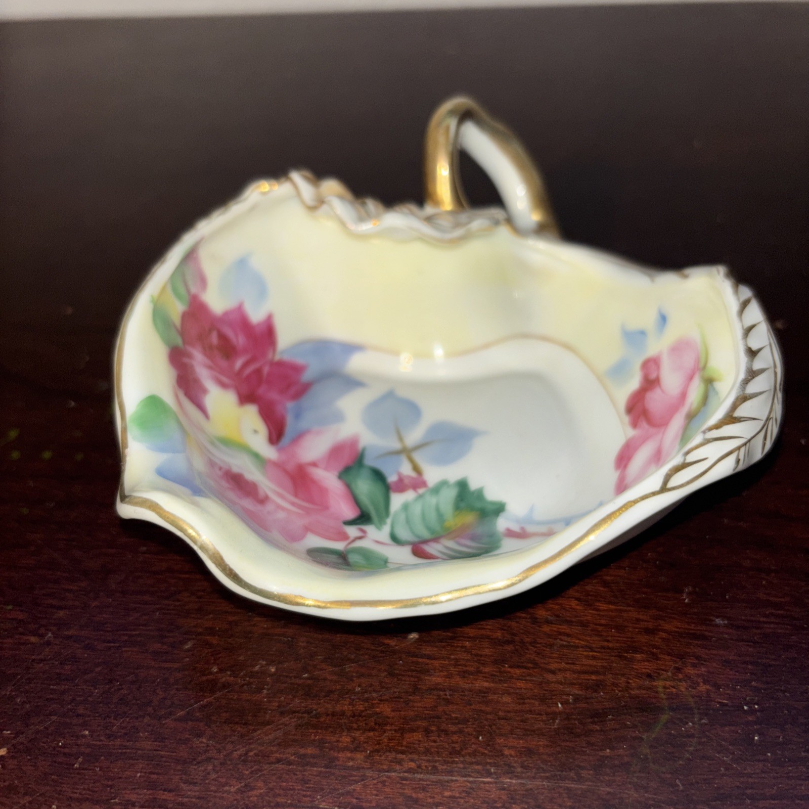 Vintage Hand Painted Floral Nut Bowl Gold Trim W/Handle Made In Occupied Japan