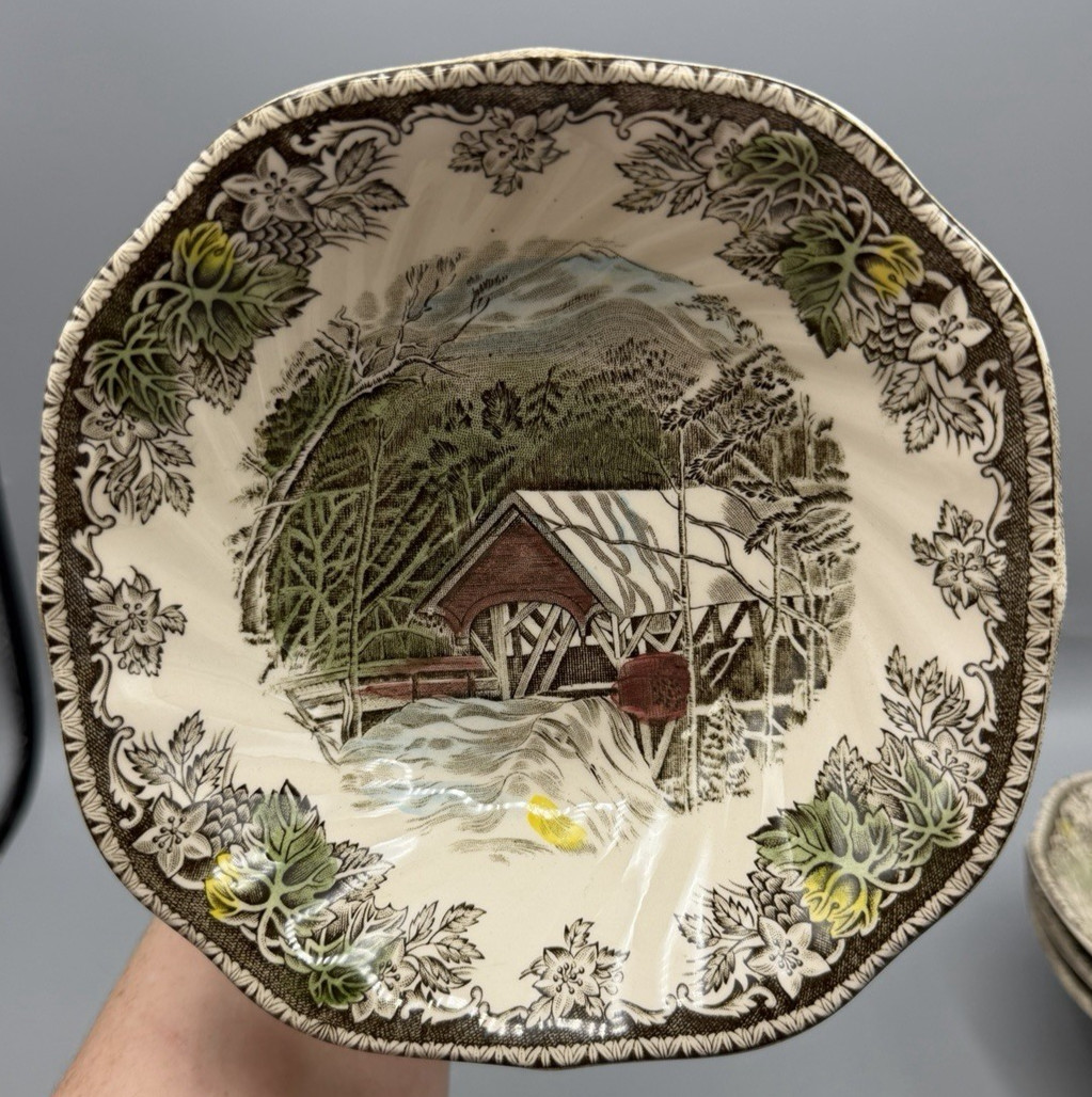 4 Johnson Bros The Friendly Village Covered Bridge Square Cereal Soup Bowls