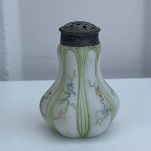 Antique Victorian Milk Glass Sugar Shaker Hand Painted Floral Muffineer Sifter