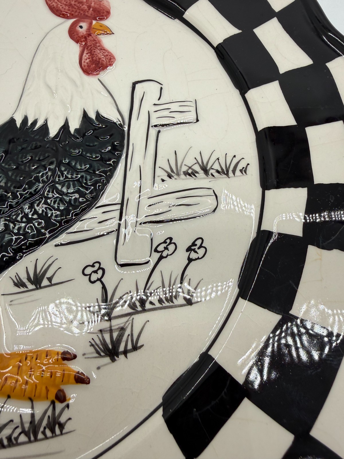 Decorative Rooster Plate with Black & White Checkered Border Home Decor Chicken