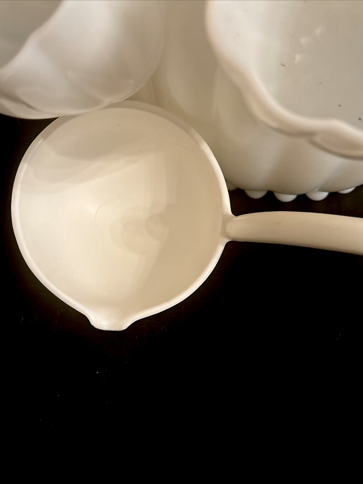 Vtg Hazel Atlas Milk Glass Alpine White Swirl Punch Bowl 12 Cups W Vtg Ladle