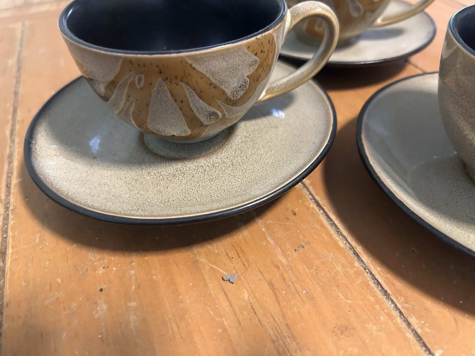 Pier 1 Cup & Saucer Set of 3 Gray Speckled Saucers Black Interior Ceramic