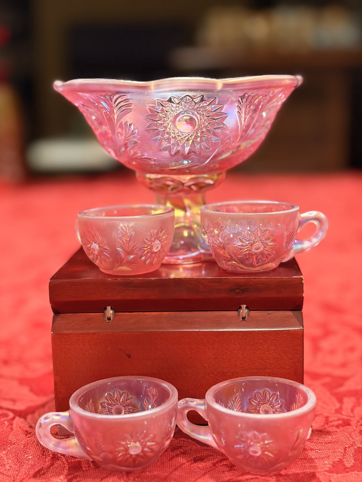 RARE Vtg Fenton Dusty Rose Pink Carnival Glass Miniature Punch Bowl Set/4 Cups