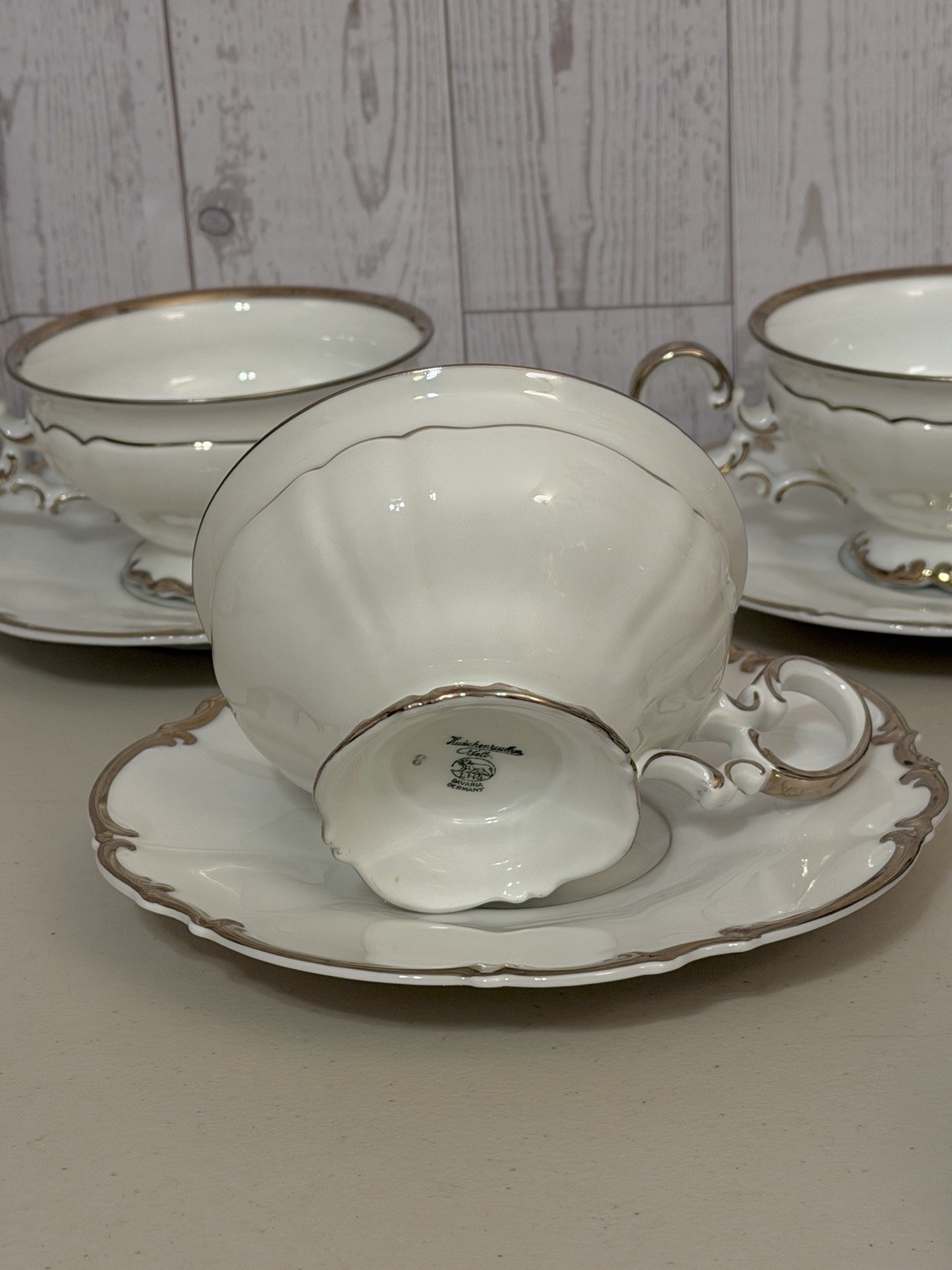 VINTAGE SET OF 6 HUTSCHENREUTHER REVERE SYLVIA CUPS & SAUCERS SILVER PLATINUM