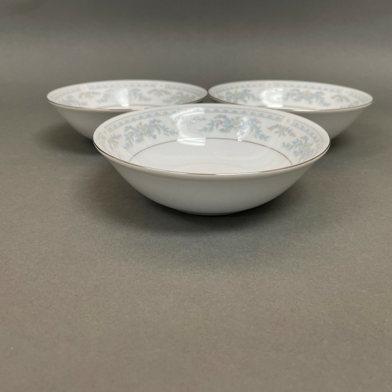 Somerset NL Excel Soup Cereal Bowl Floral White Blue Platinum Trim Lot of 3
