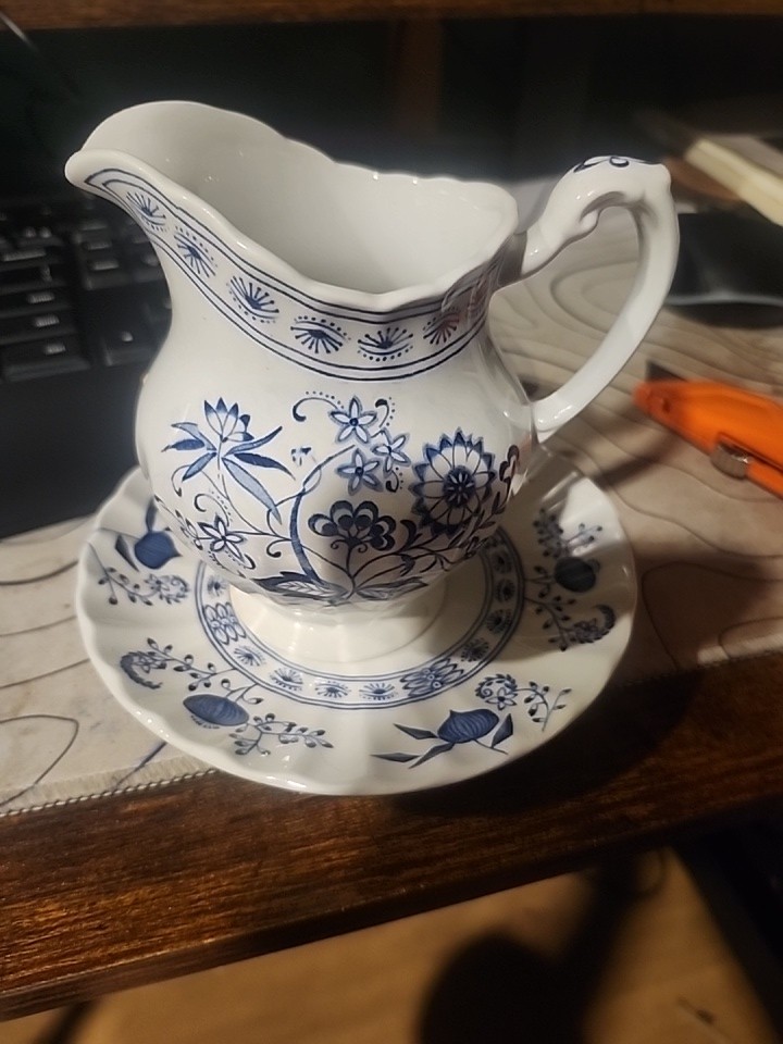 Vintage J & G Meakin Creamer Pitcher And Saucer White Blue Nordic (9014)