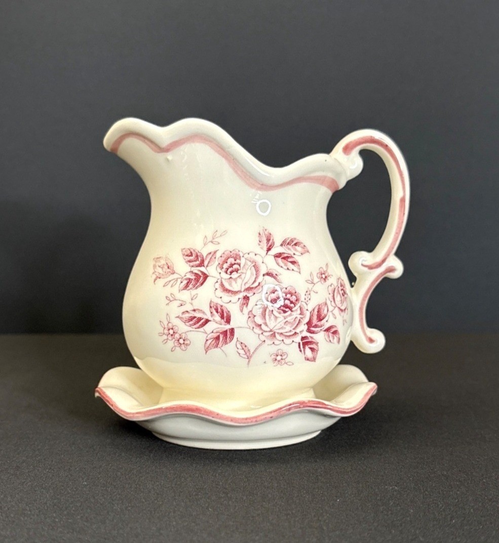 White Japanese Ceramic Pitcher Pink Floral Design Matching Saucer Plate Creamer