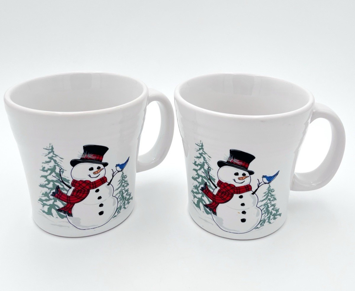 Lot of 2 FIESTAWARE HLC 15 oz Tapered Mugs Snowman and Bluebird FAST / LOW SHIP