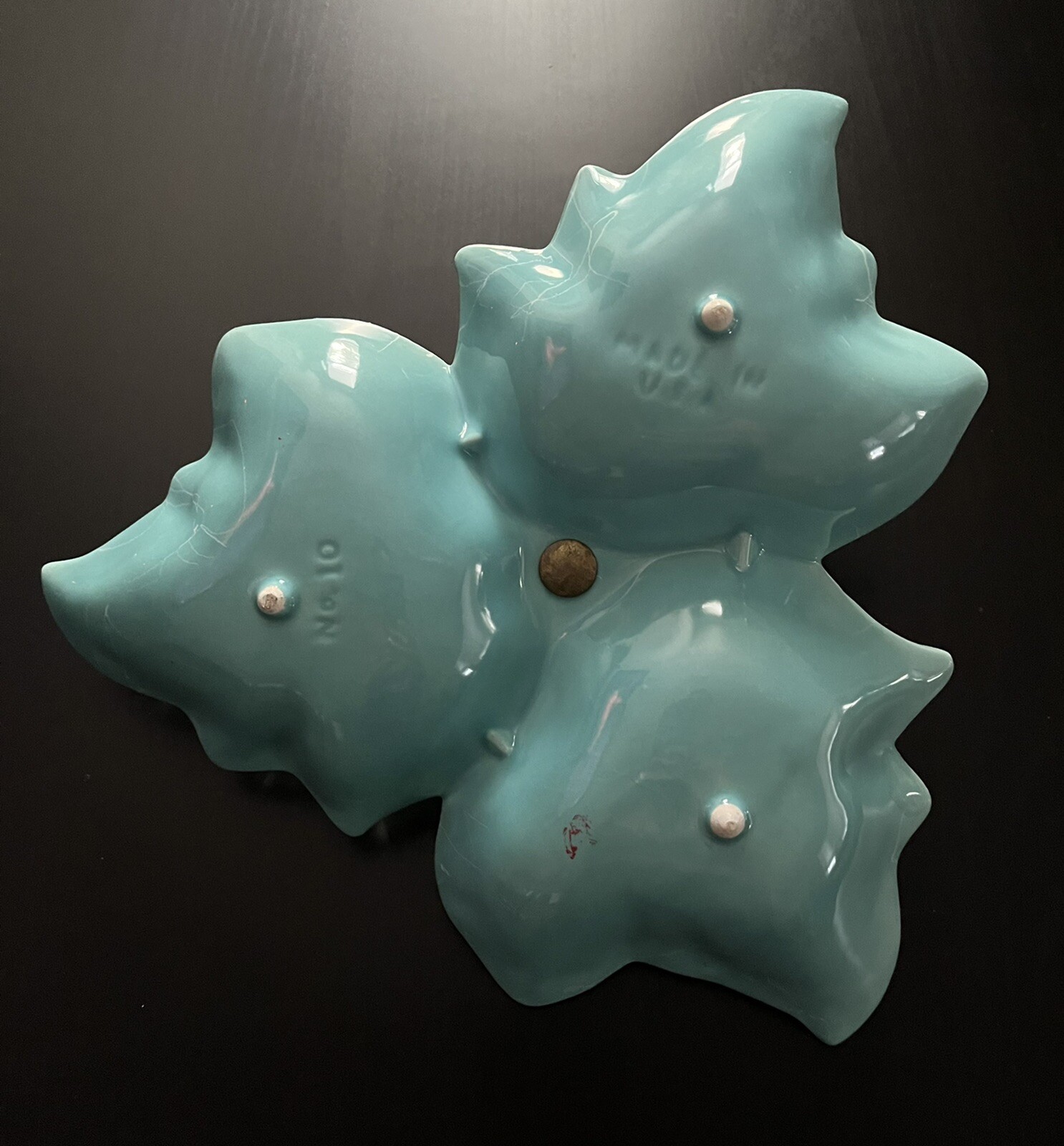 Vintage California USA Pottery 10-1/4” Divided Leaf Nut Dish Turquoise (V8)#10