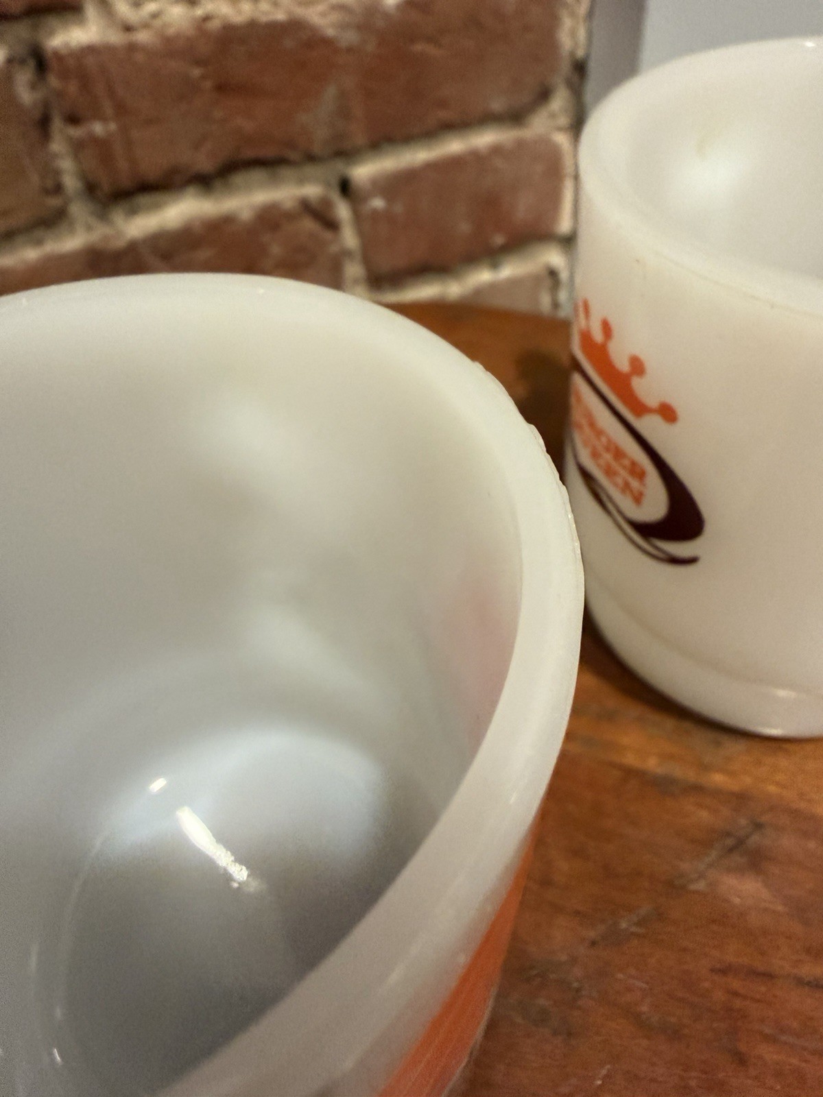 Lot of 2 Vtg Fire King Burger Queen Good Morning Milk Glass Stacking Mugs HTF