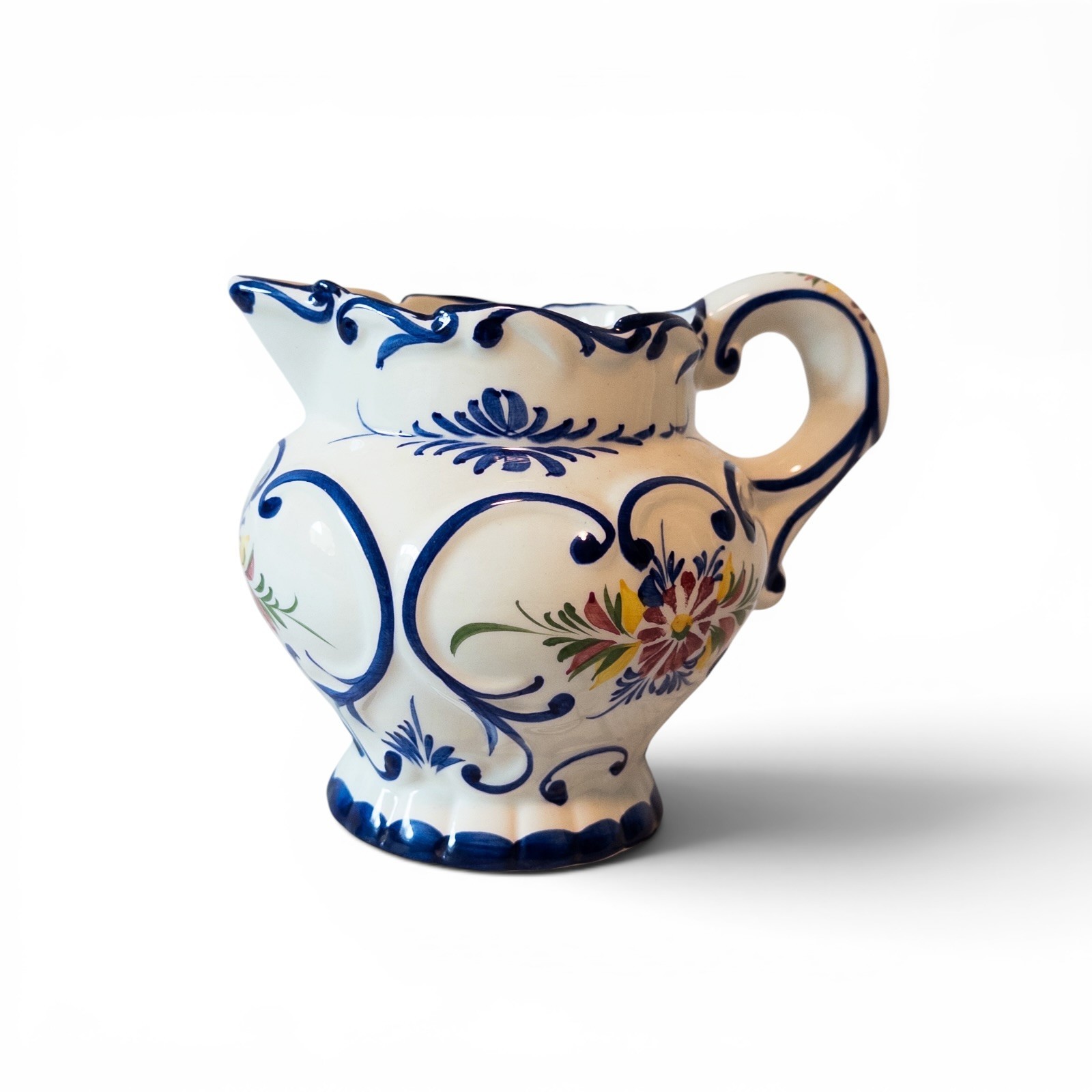 Vintage RCCL Portugal Hand Painted Ceramic Pitcher Jug Floral Blue White Signed