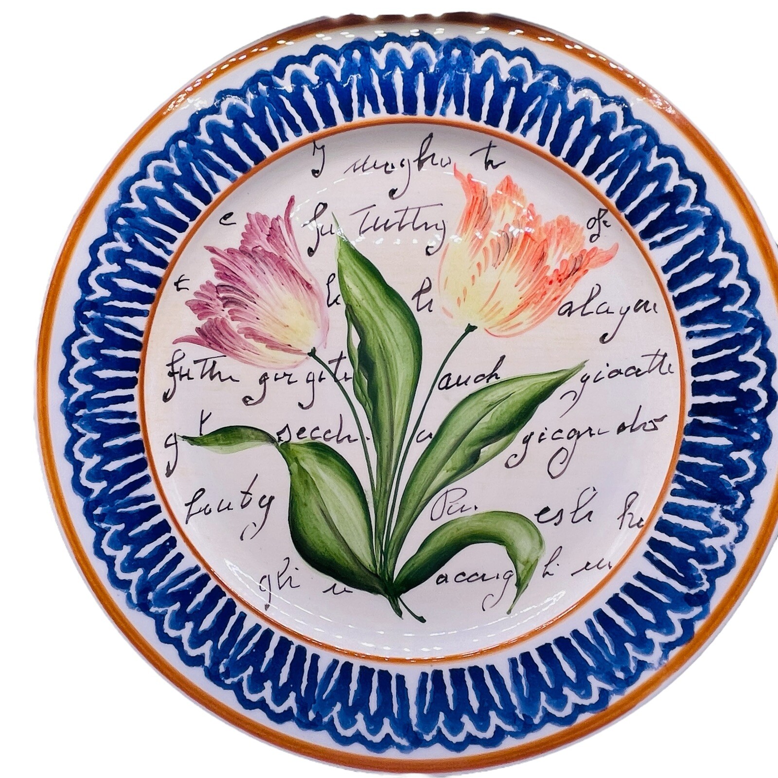 Vintage VEITRI ITALY 4 Wall Plates 9.5in Flowers & Script Blue Trim Handpainted