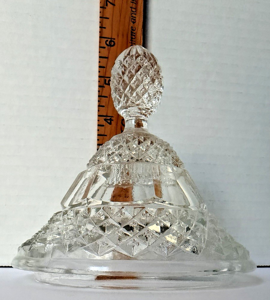 EAPG Clear Pressed Glass Covered Compote Diamond Fan Pineapple Finial UV365 Glow