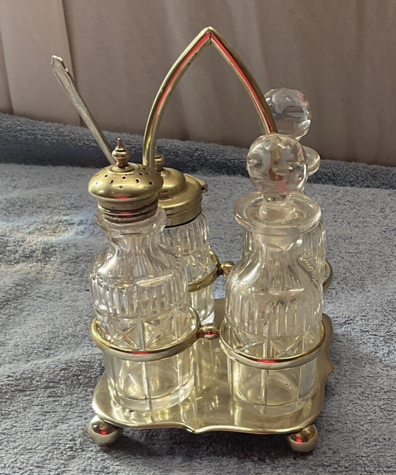 Antique Lee & Co. Sheffield Four Piece Cut Cyrstal Cruet Set 5 1/2” Height 4” W.