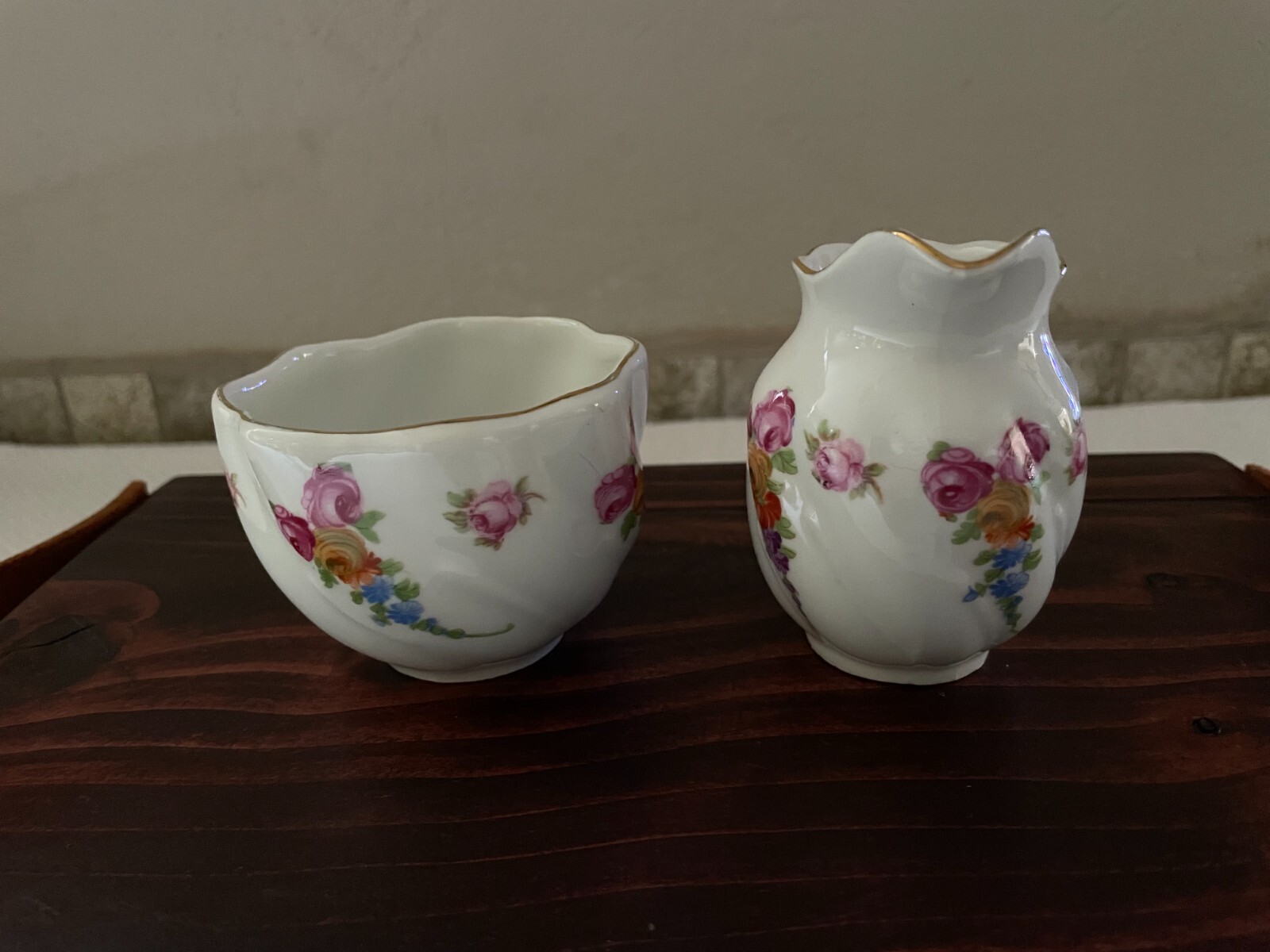 Schumann Bavaria Germany US Zone Open Sugar & Creamer Roses Floral Gold Trim