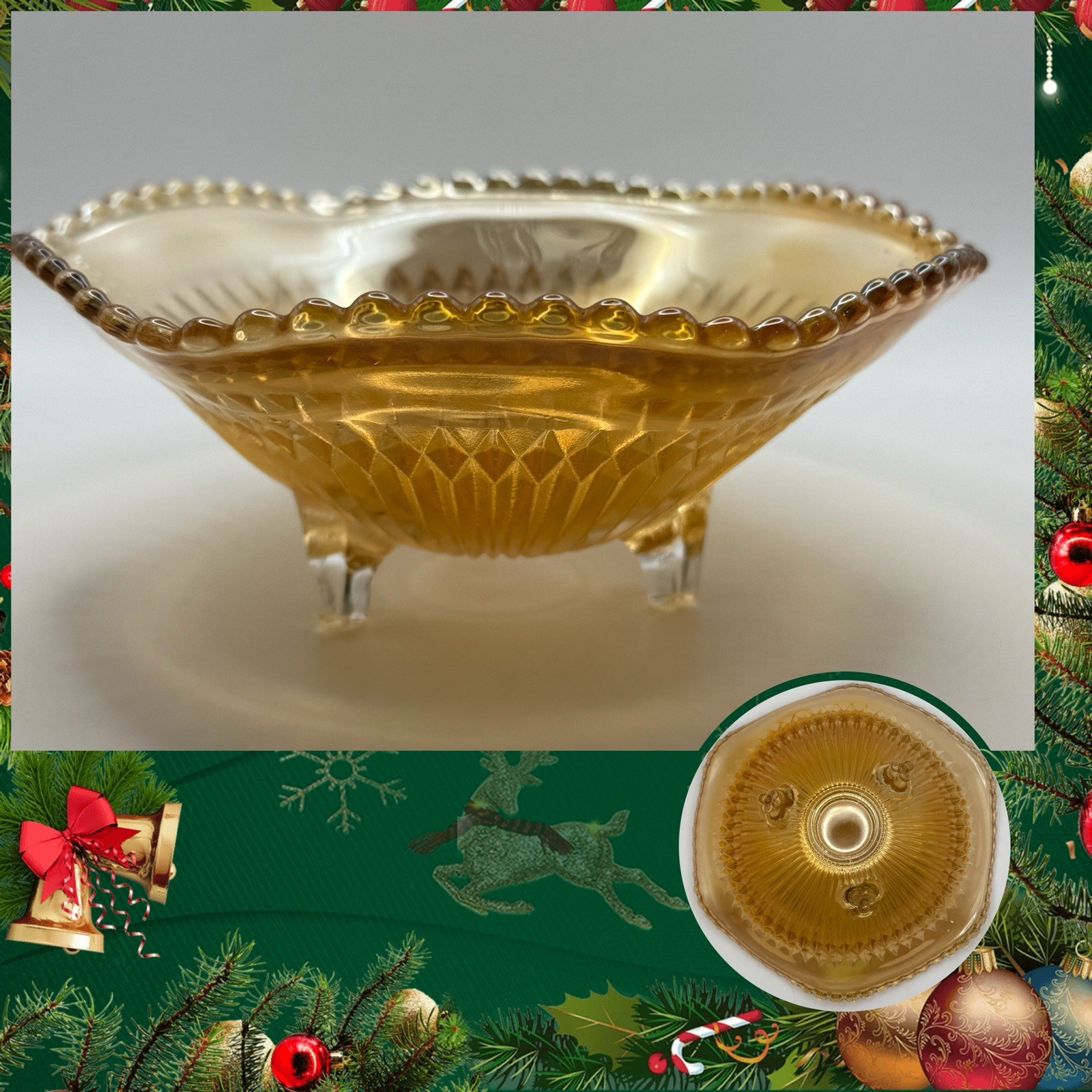 Vintage Carnival Glass Jeanette Glass 3 Footed Marigold ‘Anniversary’ Bowl 6.5”
