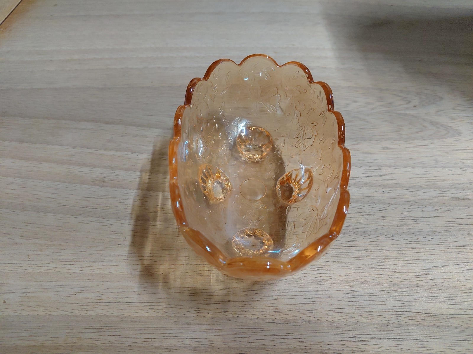 Vtg Amber Peach Luster Footed Candy Trinket Dish, Embossed Floral