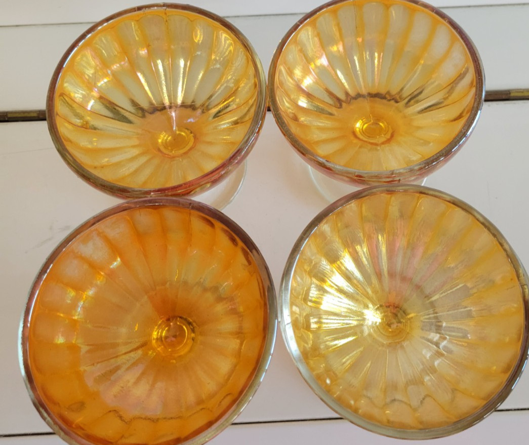 4 PEACH OPASLESCENT CARNIVAL GLASS SHERBETS DESSERT BOWLS 3.25 INCH HOLDS 4 OZS