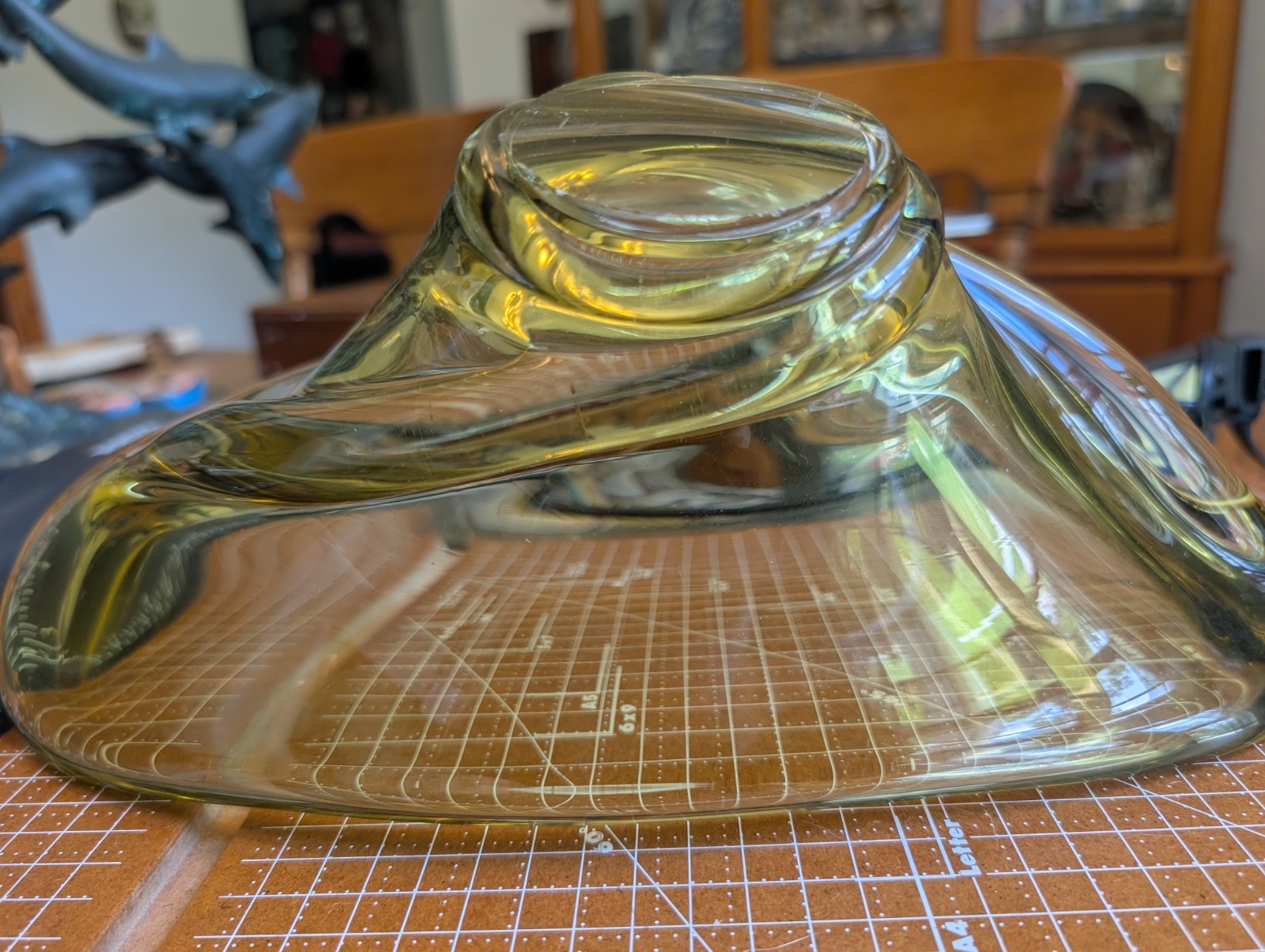 Vintage Olive Green Art Glass Stretch Bowl Mid Century Heavy Centerpiece Chalet