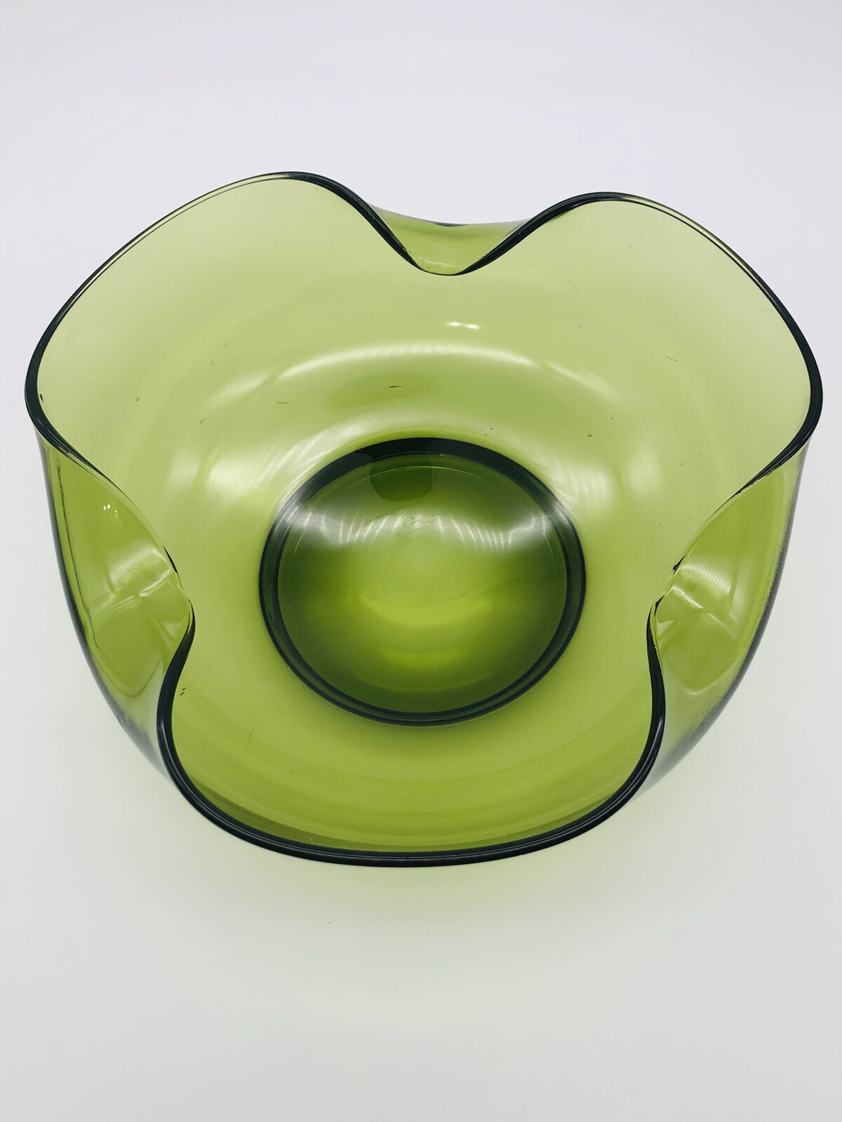 Vintage Green Glass Pinched Edge Sides Bowl Dish