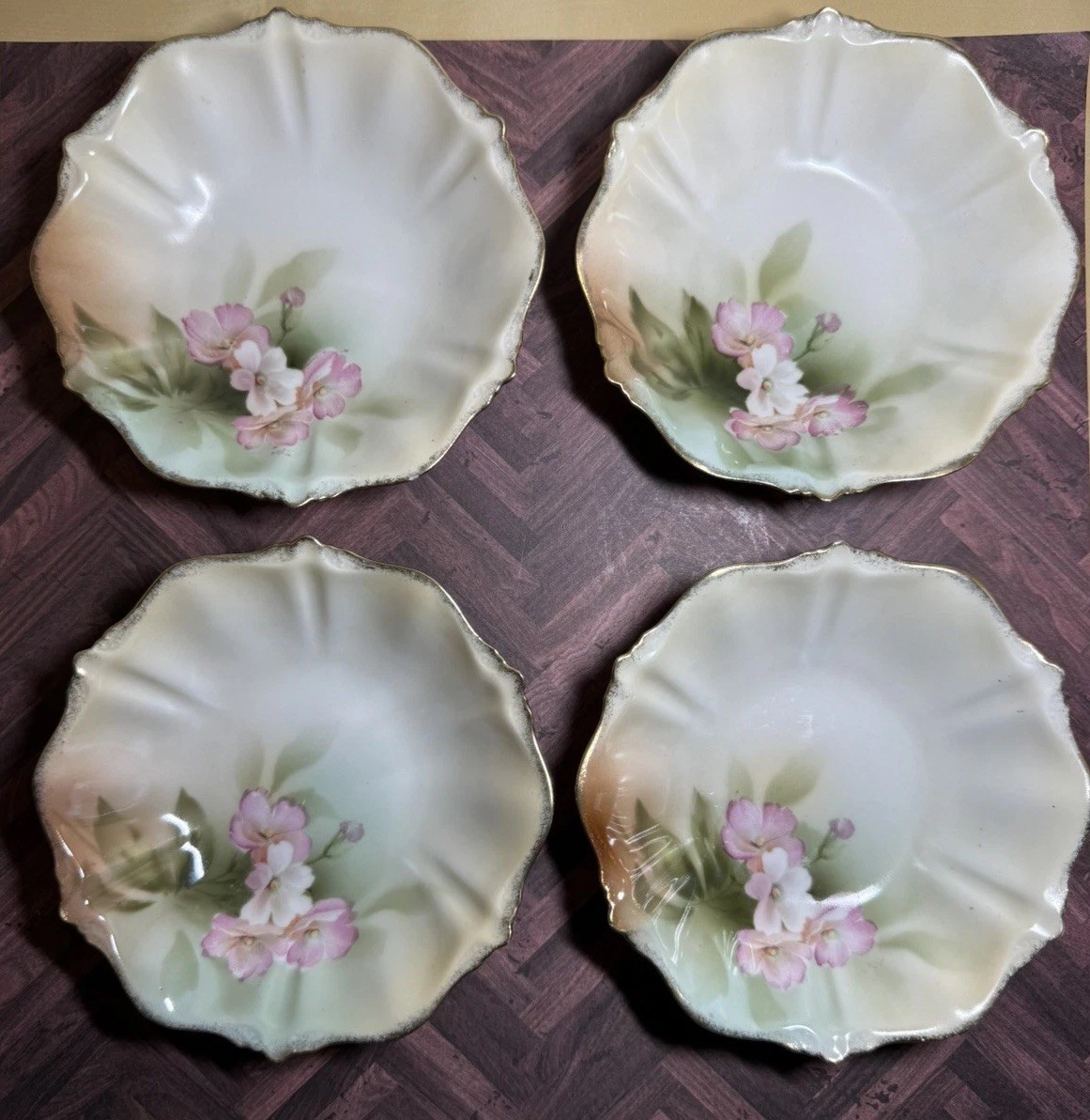 RS Prussia Floral Berry Bowls Set 4 PCS Scalloped Hand Painted