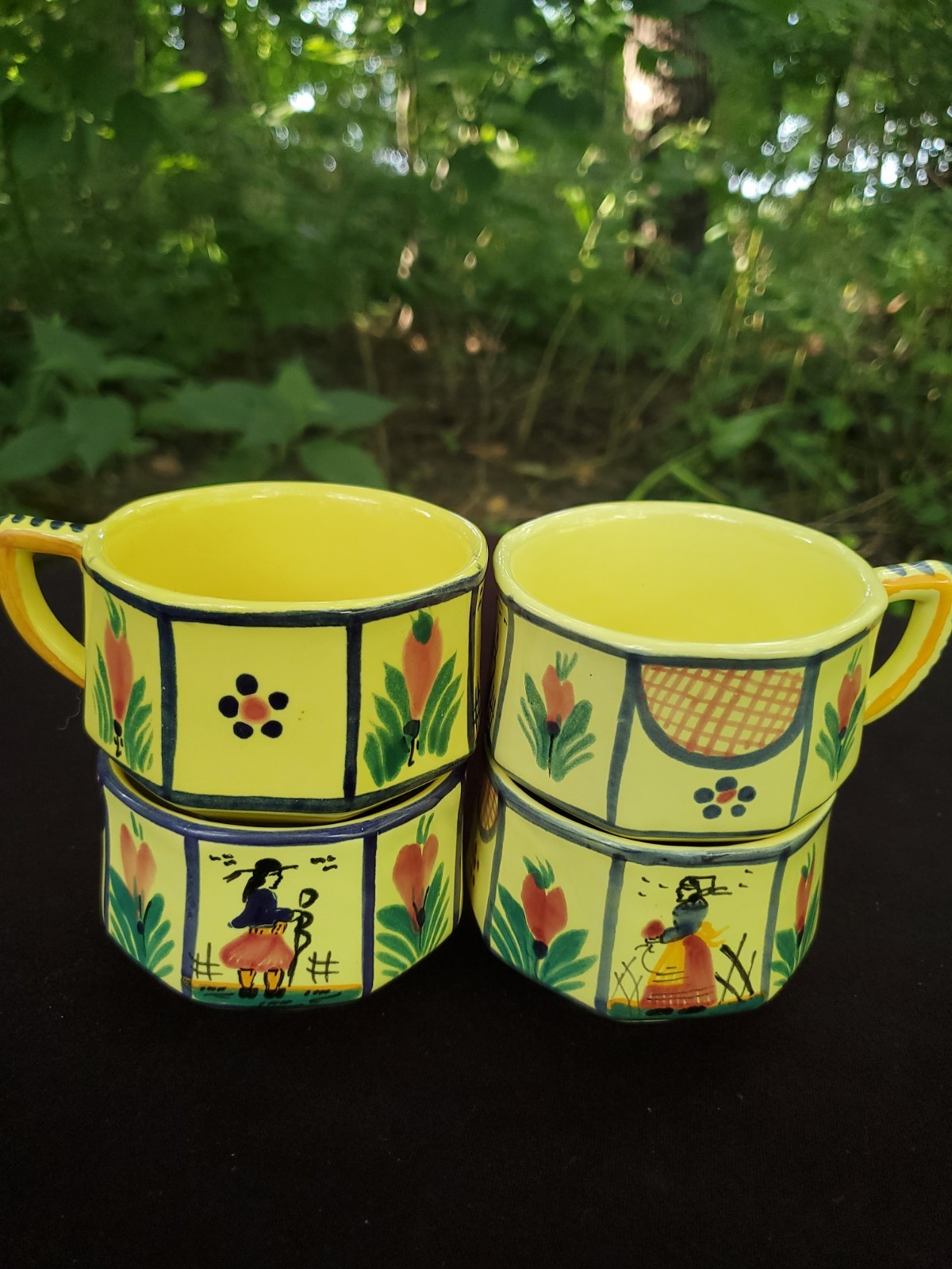 Vintage HB Quimper Soleil Yellow Cups Mugs- Set Of 4 France