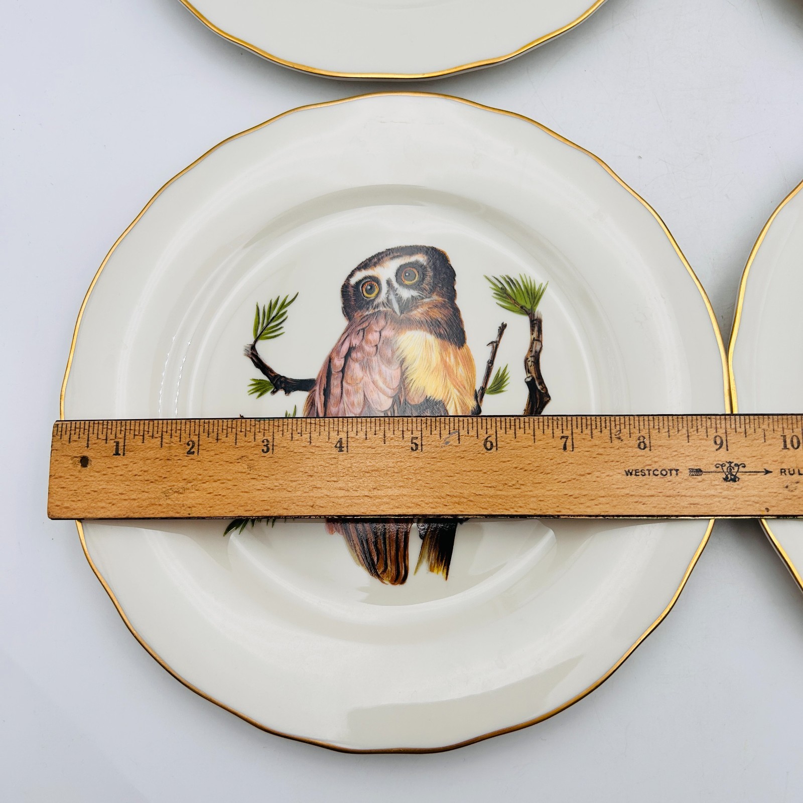 Vintage Pickard 4 Decorative Owls Plates Gold Trim Hangers MCM Birds Wall Art