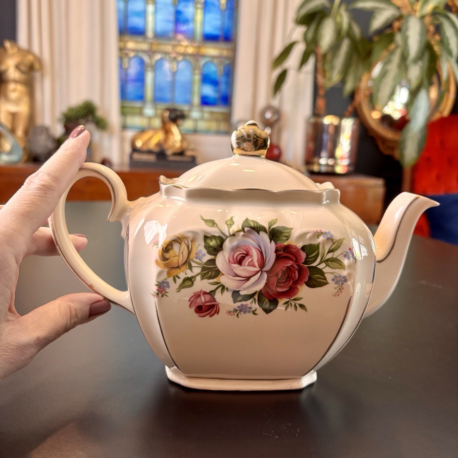 Vintage Sadler England Cube Ceramic Teapot Cabbage Rose Pattern Gold Trim