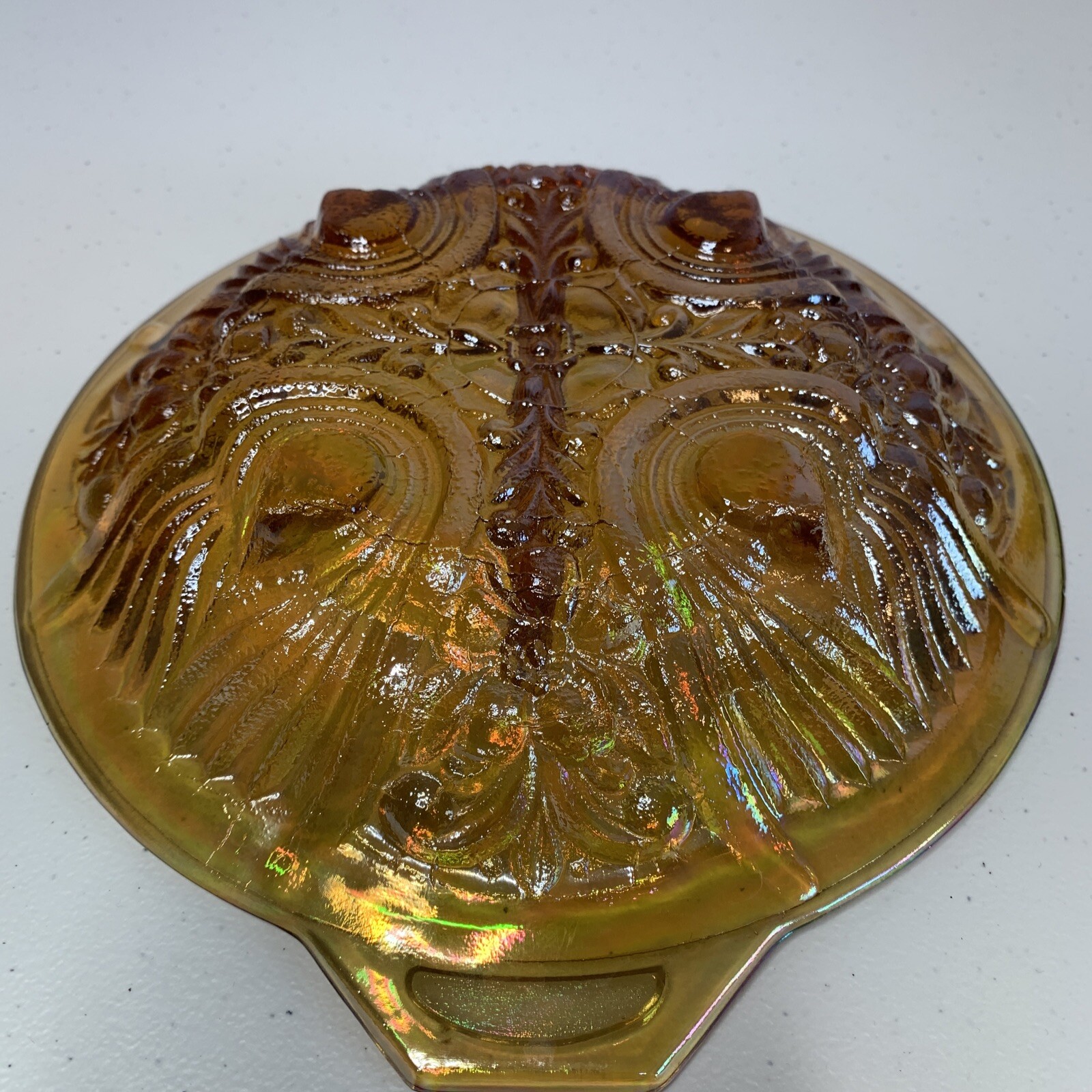 Vintage Indiana Carnival Glass Candy Dish 7.5″ Amber Iridescent Divided