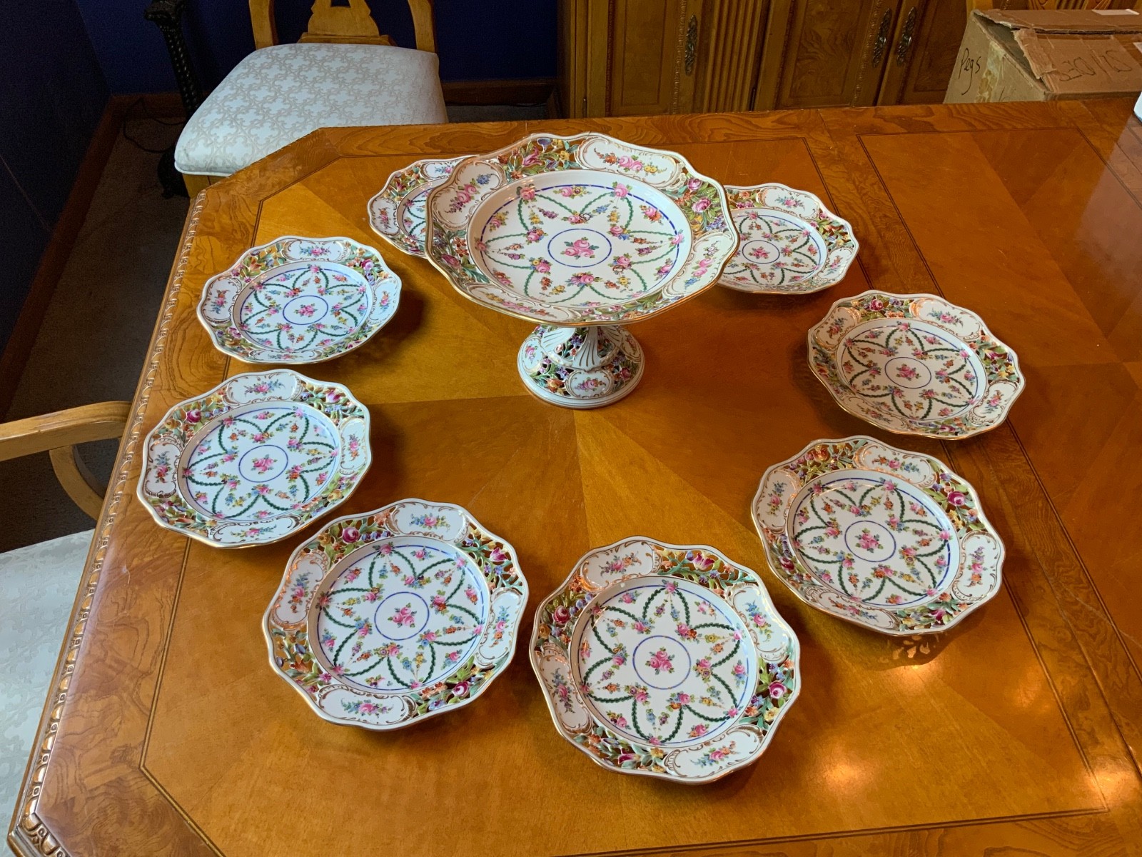 Antique Carl Thieme Dresden Basketweave Dessert Service – 8 Plates & Compote