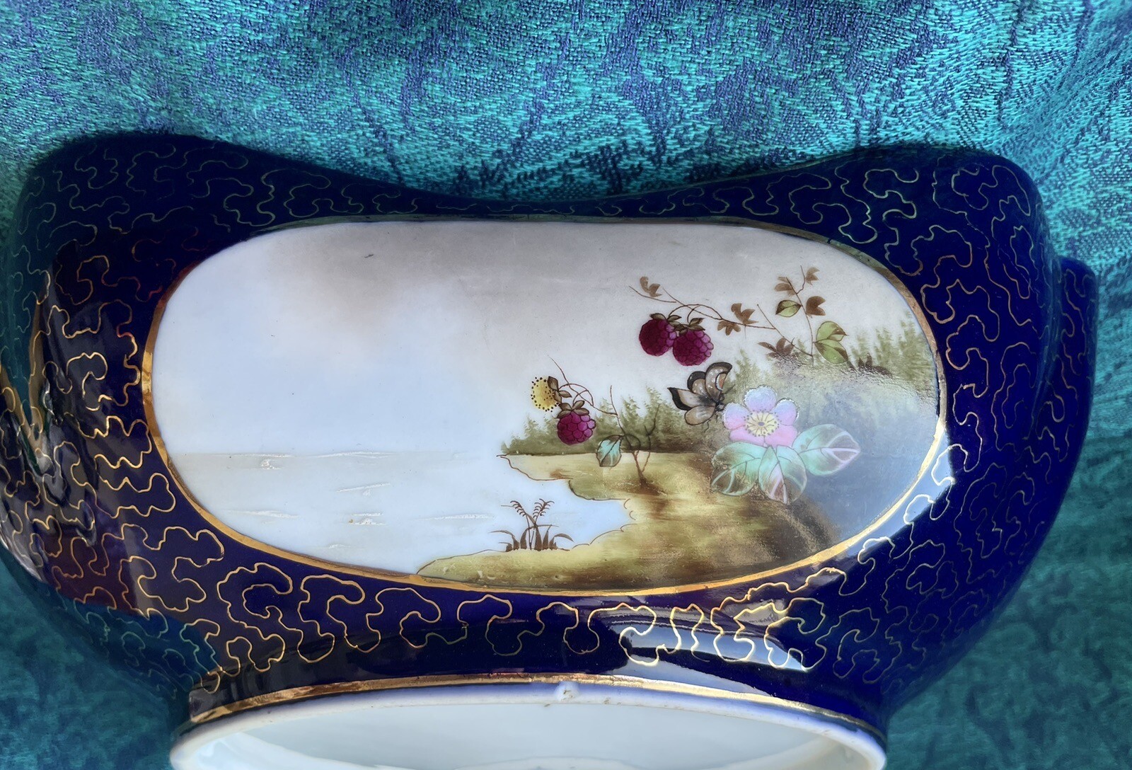 Cobalt and Gold square bowl and small plates, botanical, floral, perhaps German