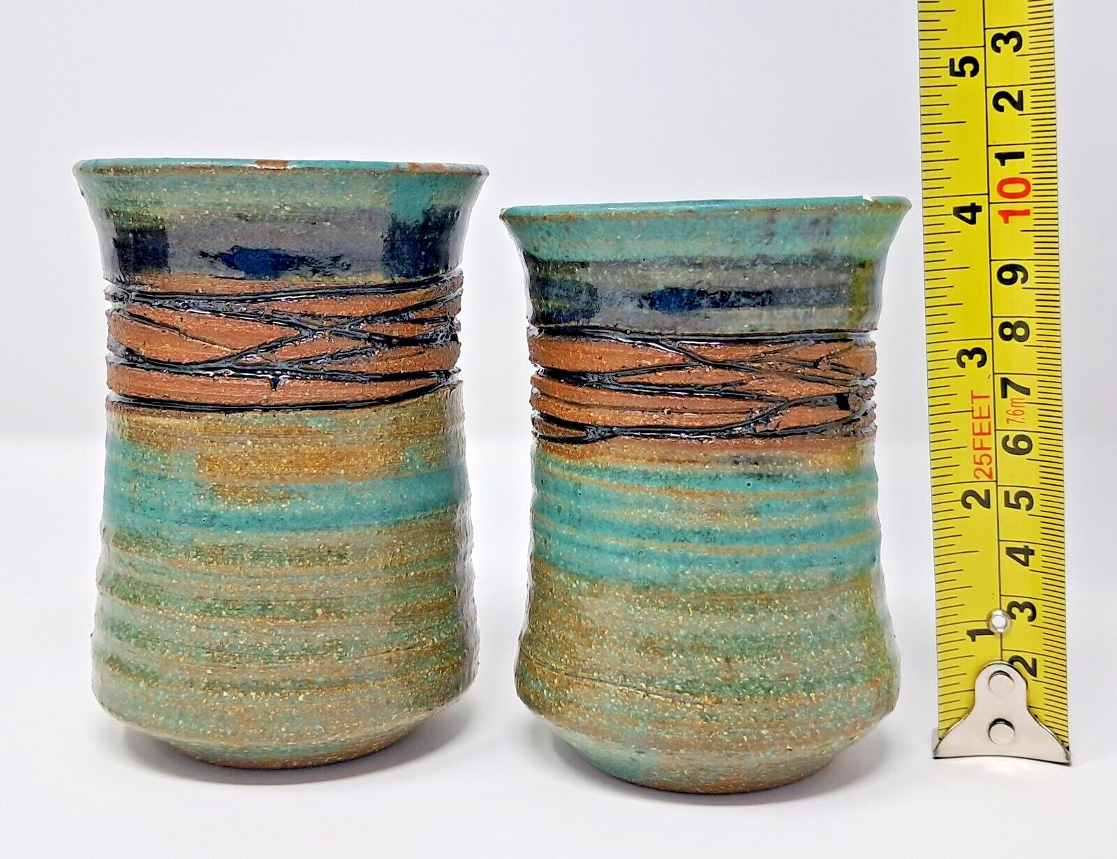 Stoneware Art Pottery Cups 8-9 fl oz Set of 6 turquoise glaze 4″ tall unique
