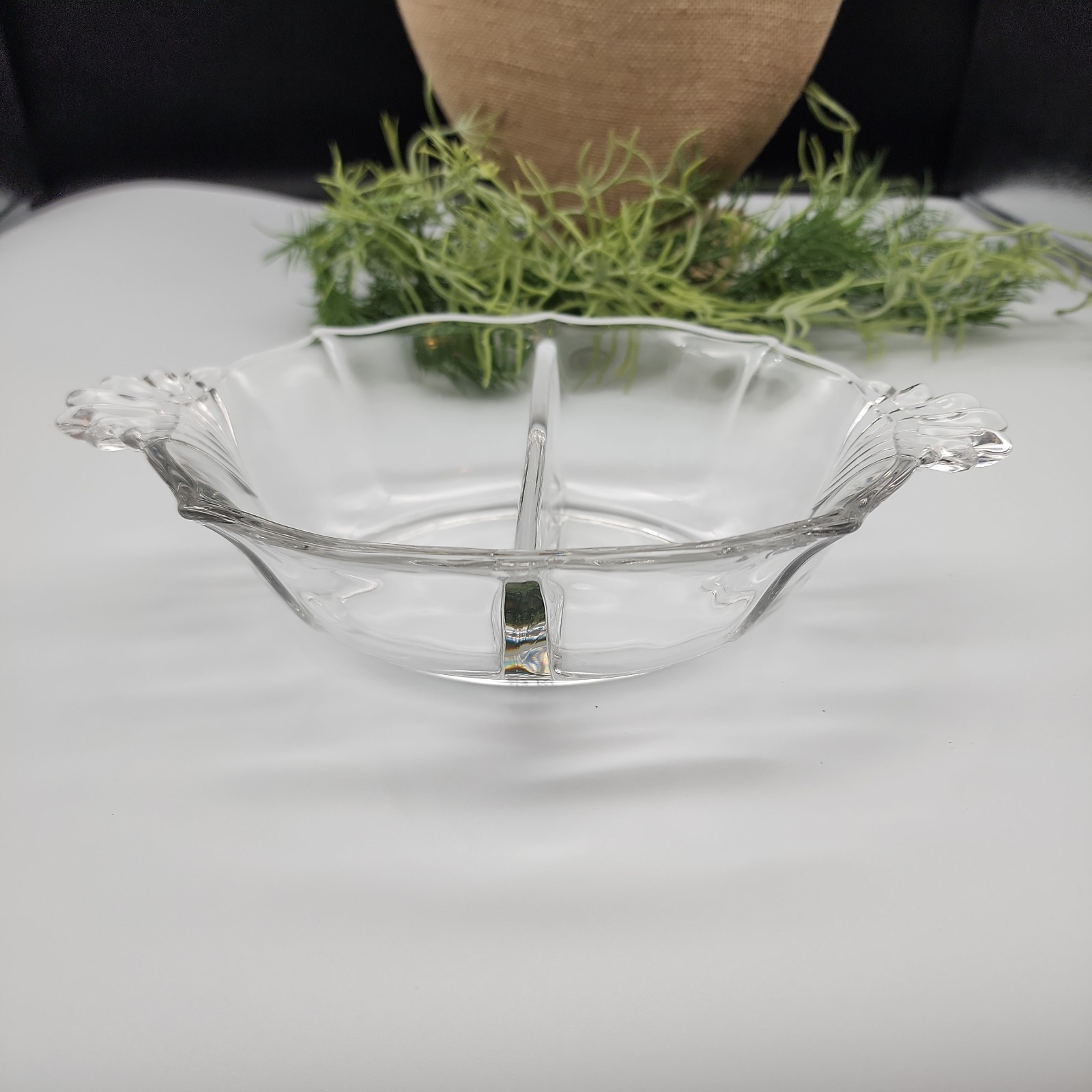 Vintage Clear Glass Divided Relish Dish Fan Handles Mid-Century Serving Bowl