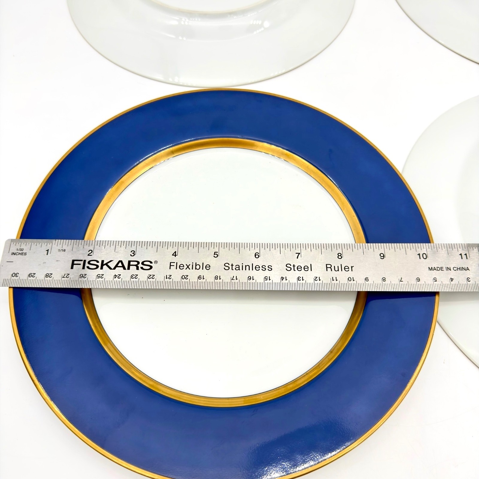 Fitz & Floyd Renaissance Cobalt Blue Dinner Plates 10 1/4″ Gold Trim 1978 Set 4