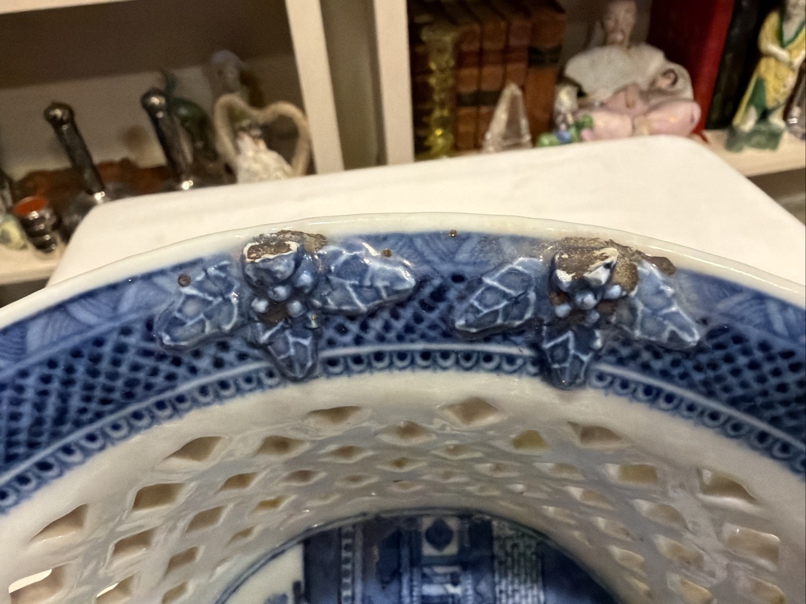 Rare Reticulated Canton Blue and White Chestnut Bowl Antique Transferware