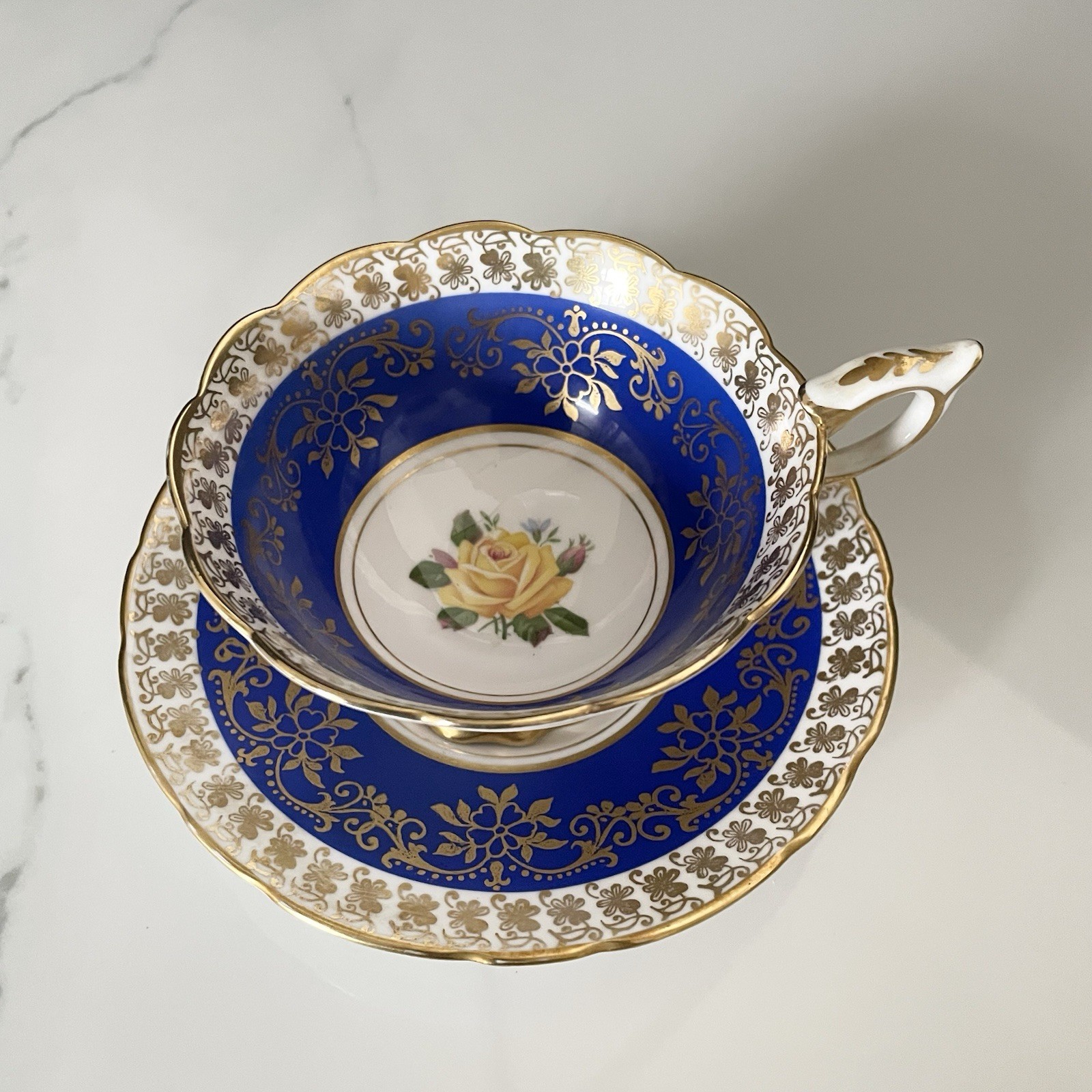 Cobalt Blue Gold & Yellow Rose Cup & Saucer By Royal Staffordshire