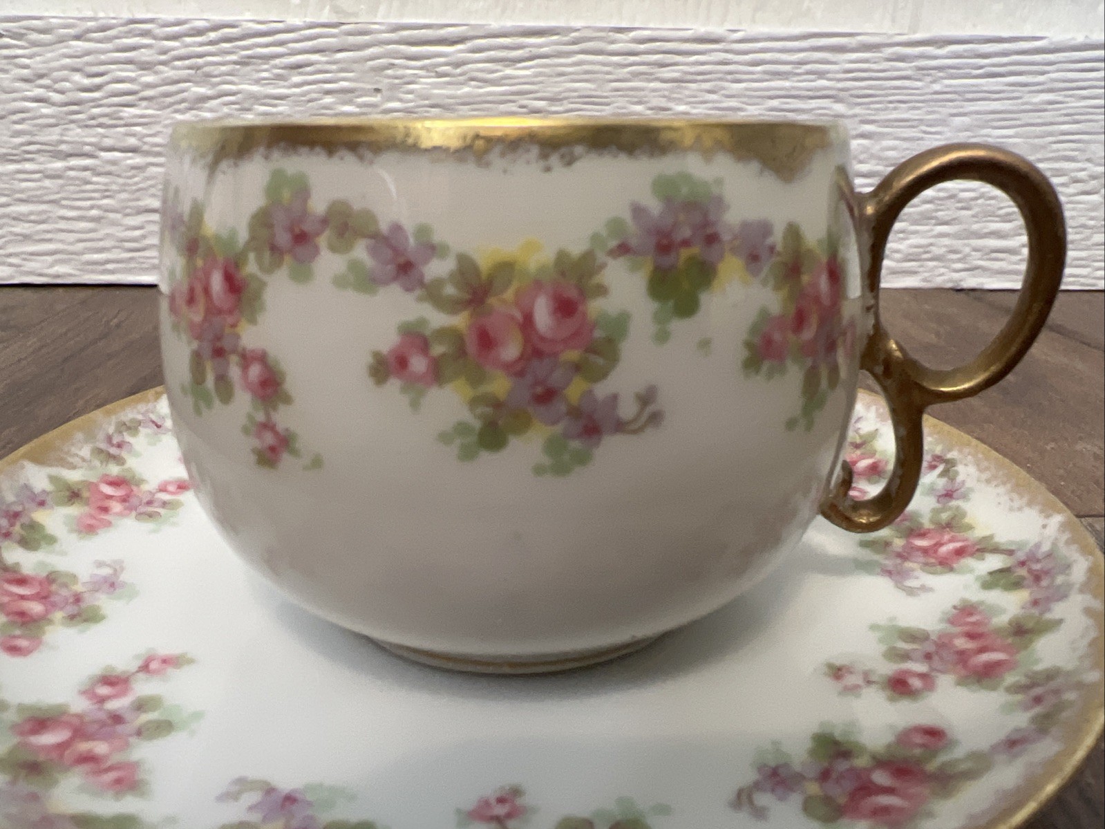 VTG Elite Works Limoges France Bridal Wreath Tea Cup & Saucer Pink Gold Trim
