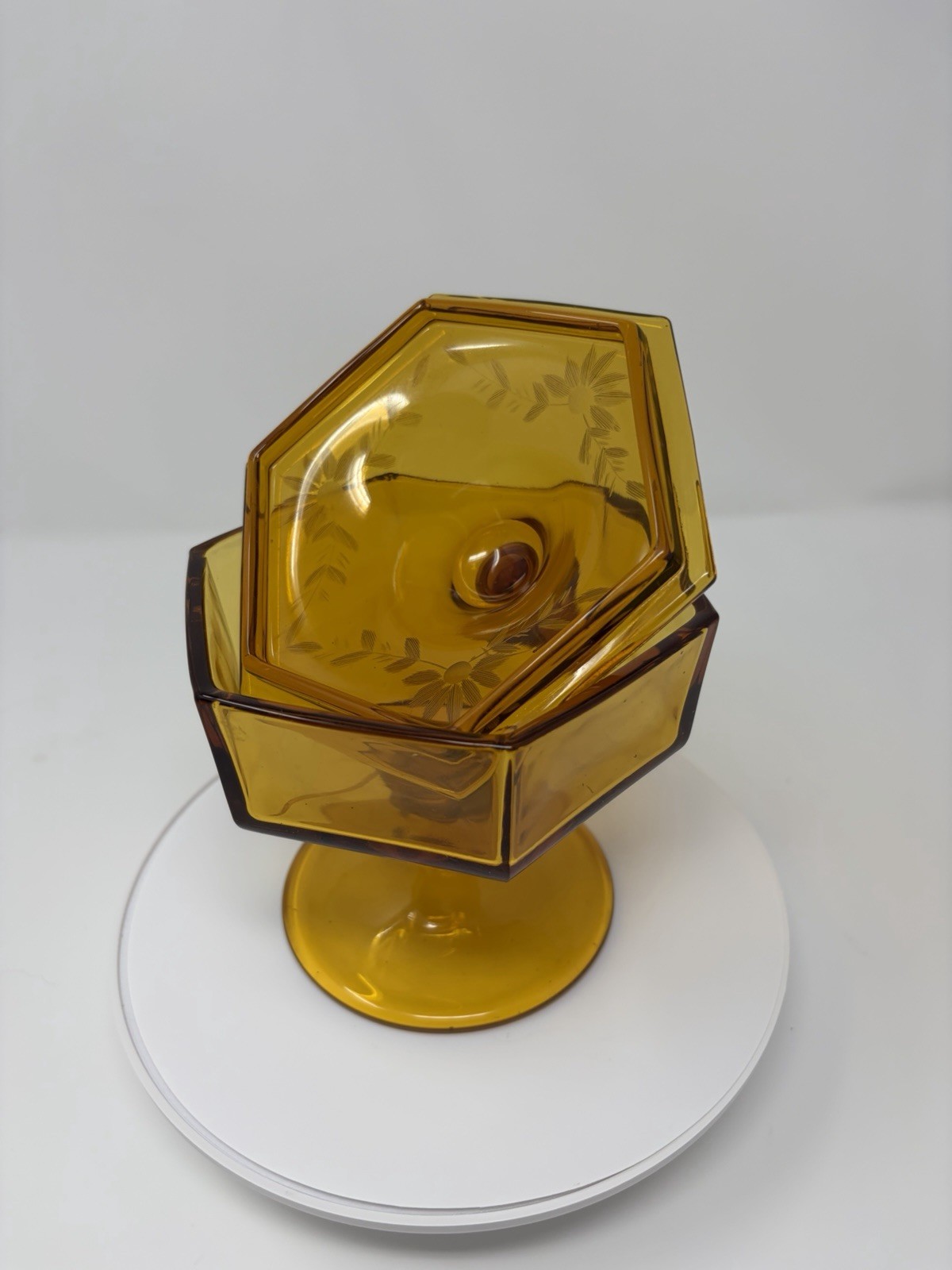 Vintage Amber Hexagon Covered Candy Dish Pedestal Compote Etched Glass MCM
