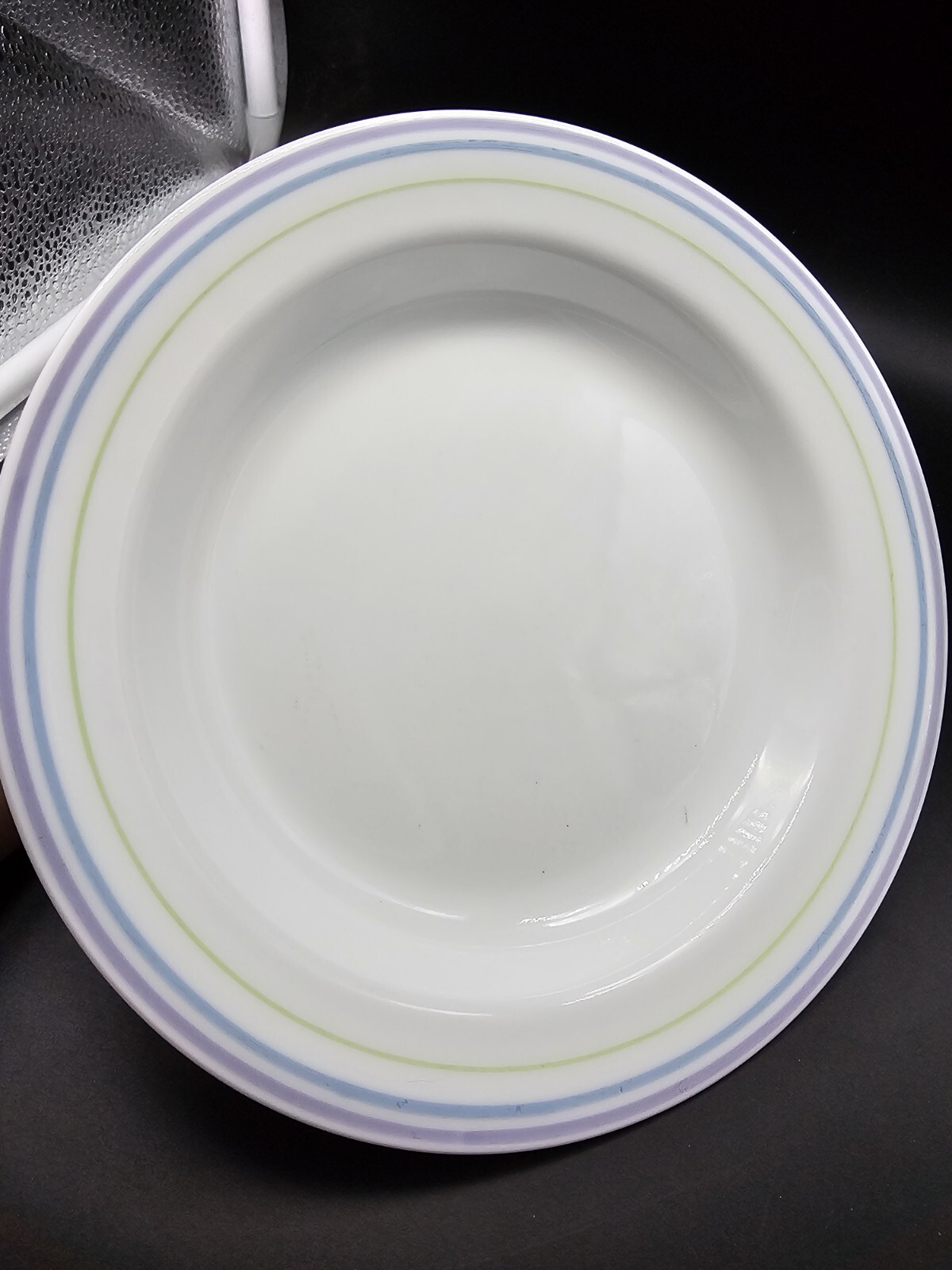Corelle MOONGLOW 15-oz SOUP BOWL 8.5″ Flat Rim Pasta Purple Blue Green Vtg